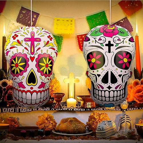 Miniatura 7 de Liliful 4 unidades inflables de calavera de azúcar de 24 pulgadas, decoración inflable del día de los muertos, decoraciones para Halloween, fiesta