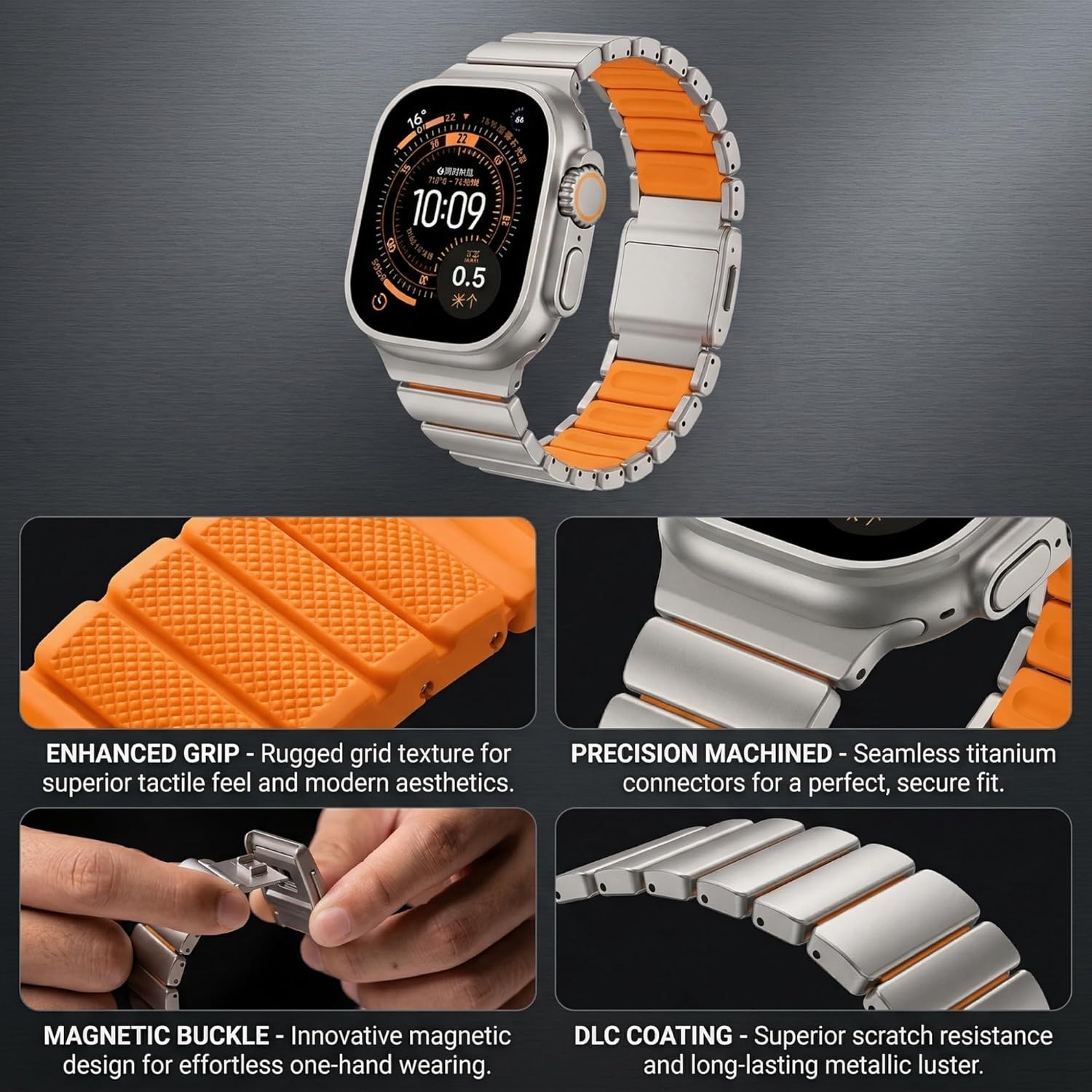 Titanium Silicone Dual-Layer Link Bands Compatible with Apple Watch Band Ultra 3/2/1 49mm 46mm 45mm 44mm 42mm, Men Women Magnetic Clasp Metal Bracelet for iWatch Series 11 10 9 8 7 6 5 4 SE