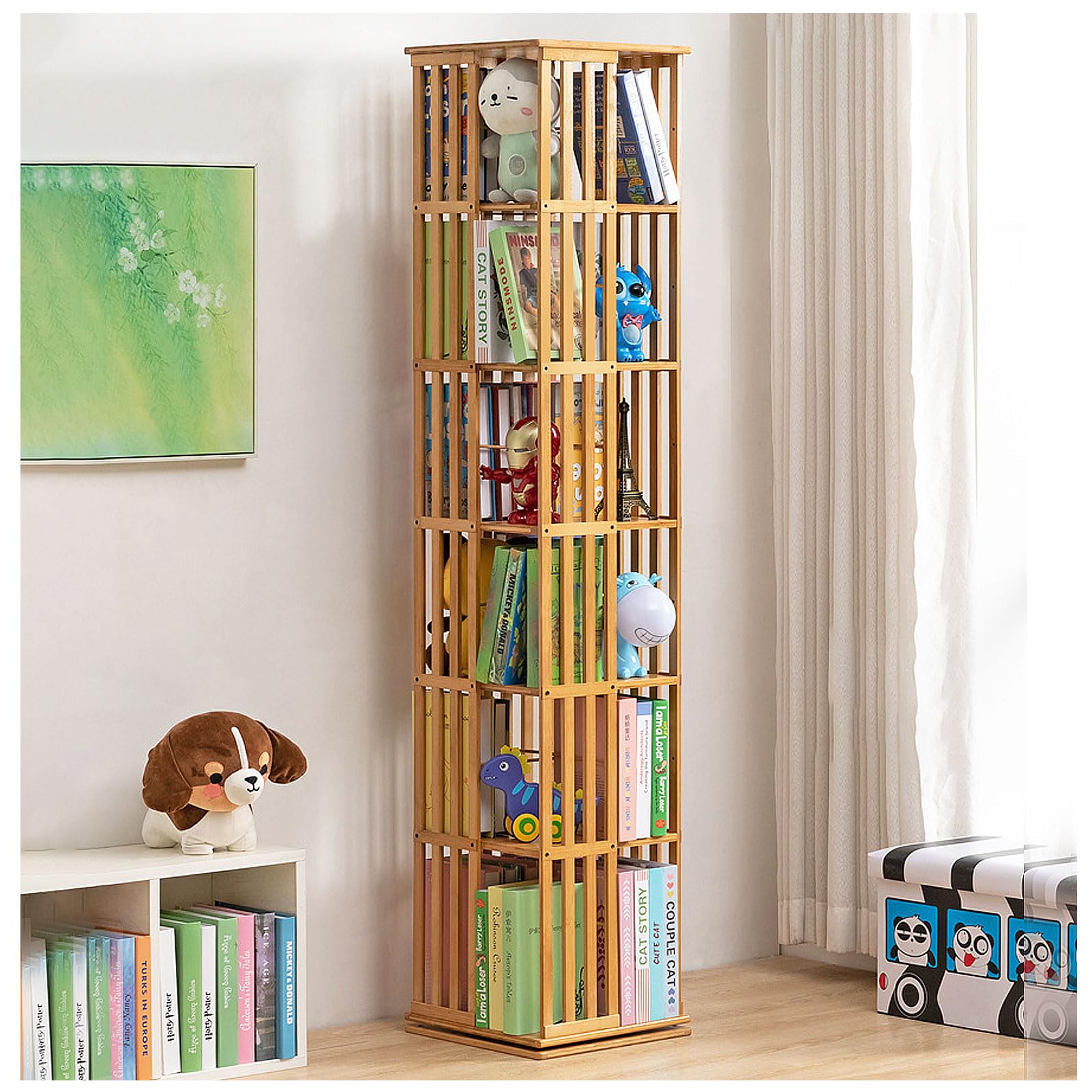 Lshtshf-Ou Natural Wood 360 Display Rotating Bookshelf Bamboo Organizer Wooden Bookcase Corner Tall Book Shelf Modern With Open Design Shelving Unit(,6Th Floor-Tier)