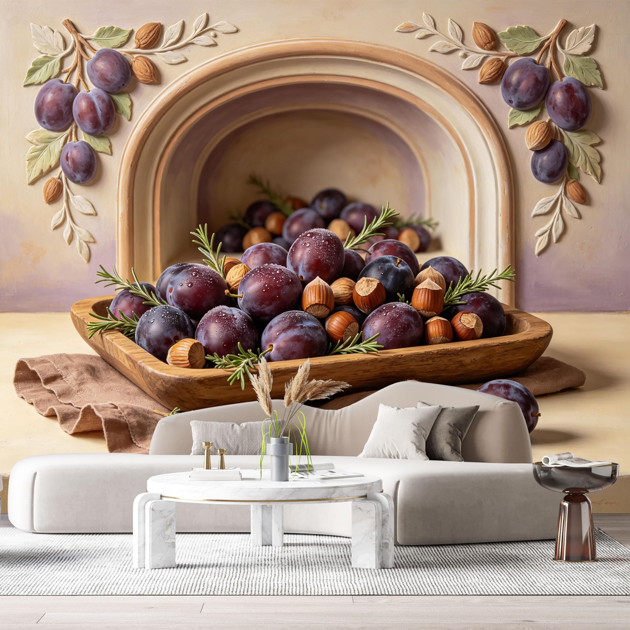 Custom Size Wall Murals Still Life Oil Painting Plums Hazelnuts 3D Trompe L'Oeil SelfAdhesiveWall Fabric Removable Wallpaper Wall Decor for Living Room Bedroom Bathroom