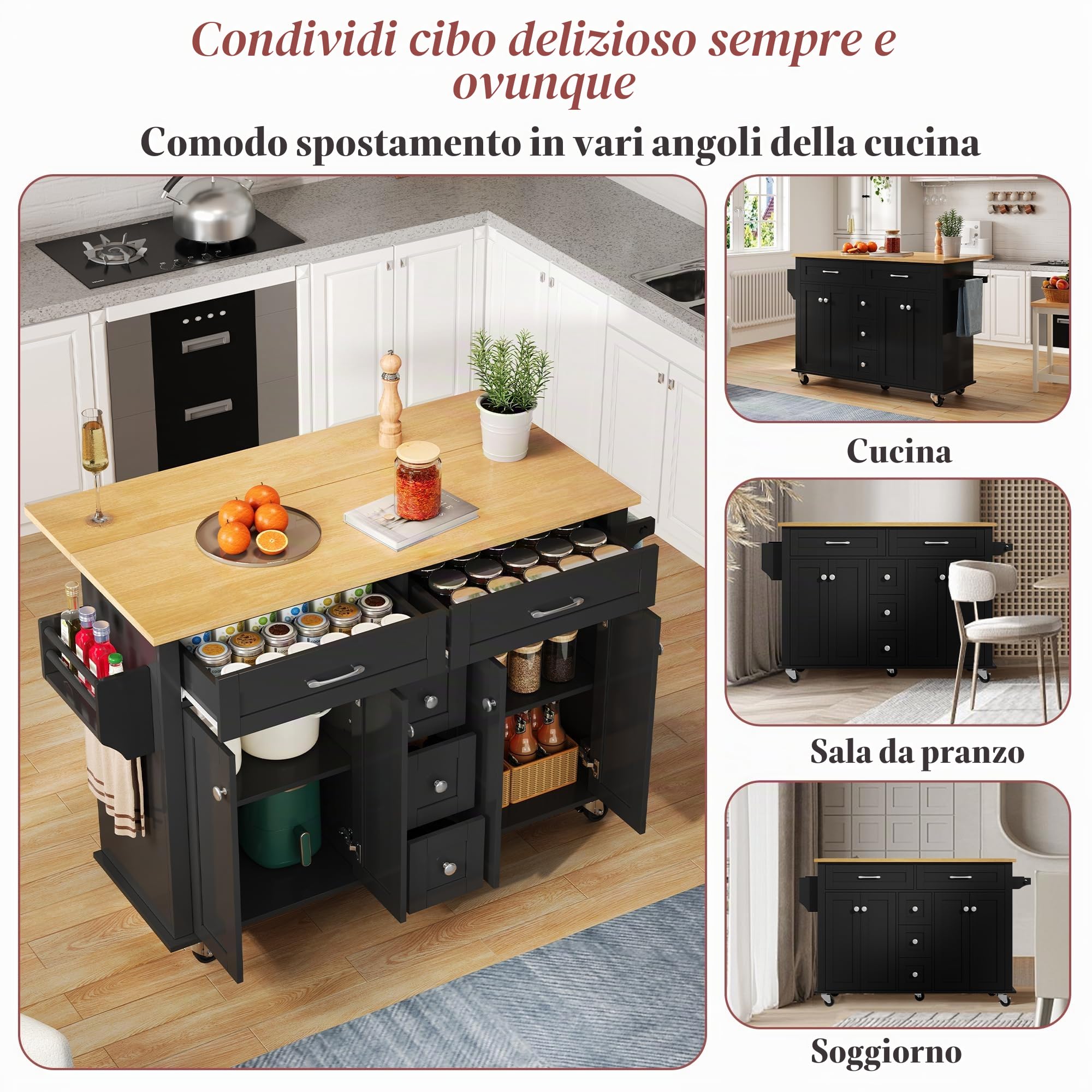 Carrello da cucina multifunzionale, isola da cucina con piano di lavoro pieghevole, espandibile, con 5 cassetti, armadi, portasciugamani, su ruote, carrello di servizio per cucina (nero)