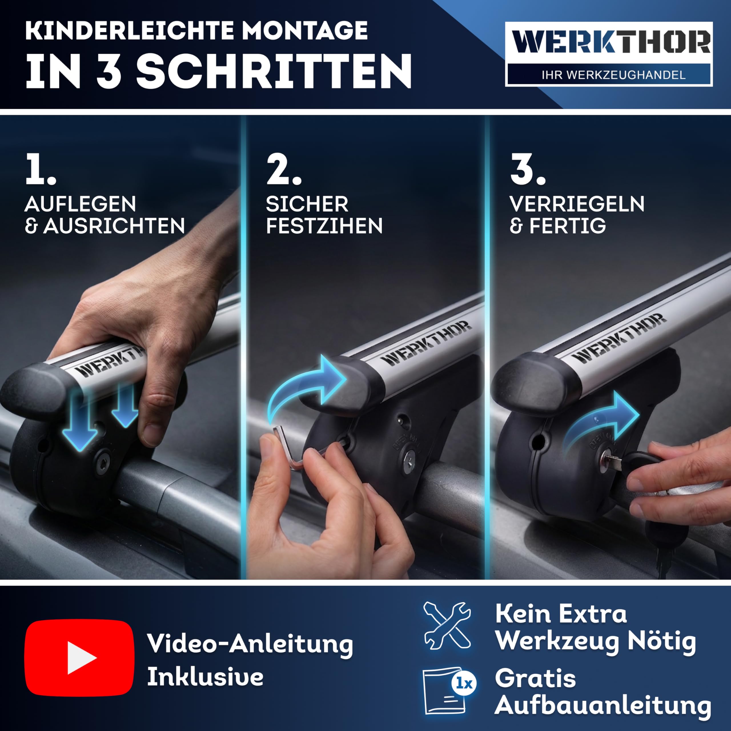 WERKTHOR Alu Dachträger 120cm für Offene Reling – Aerodynamischer Relingträger Vormontiert & Abschließbar – Auto Dachträger 90kg – Universal für Dachbox & Fahrrad