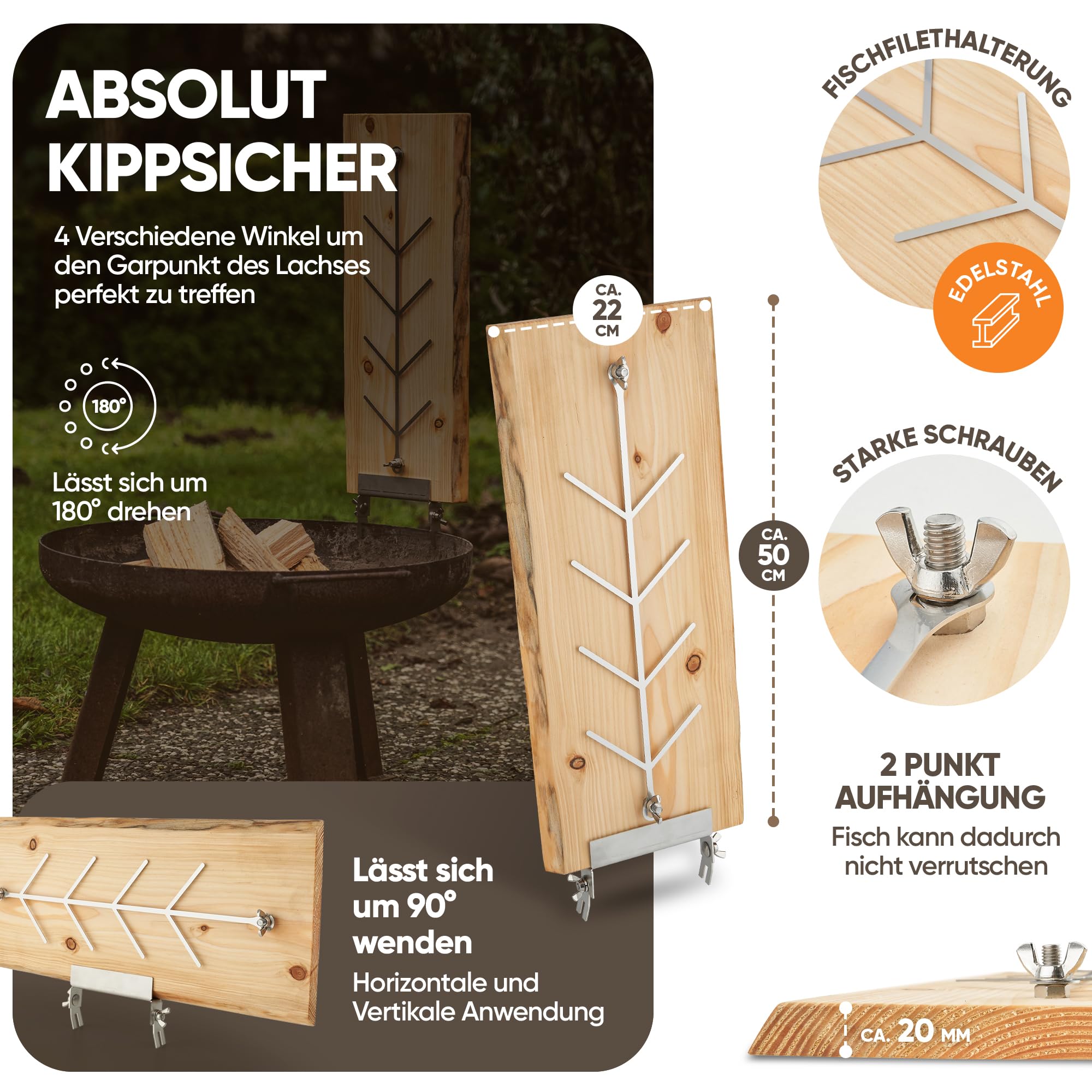 XL Flammlachbrett [mit 5 verstellbaren Einstellwinkel] aus Lärchenholz mit Maserung | ca. 200-290 x 500 x 20 mm | Lachsbrett für Feuerschalen & Kugelgrill