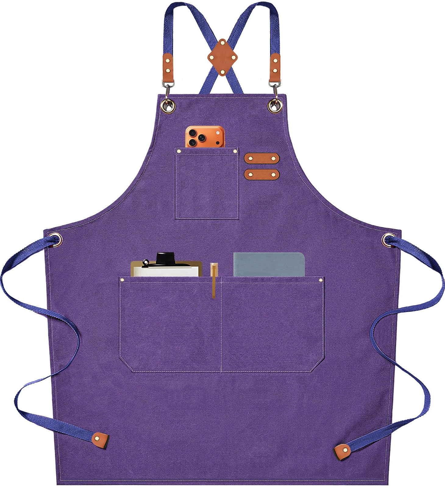 AFUN Chef Apron, Cotton Canvas Cross Back Apron with Adjustable Straps and Large Pockets,M to XXL (Purple)