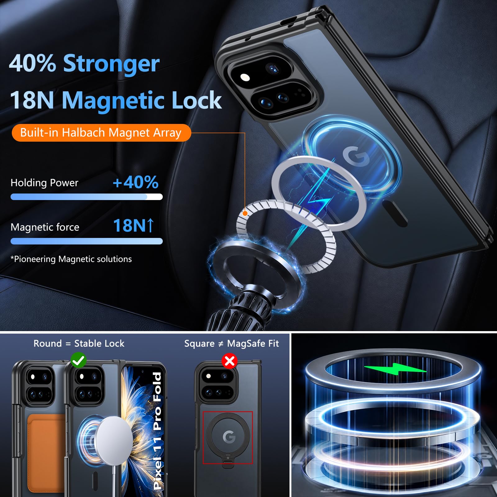 Hensinple Magnetico per Google Pixel 11 Pro Fold Case | Compatibile con MagSafe, custodia protettiva opaca traslucida di grado militare antiurto robusta per Pixel 11 Pro Fold, nero