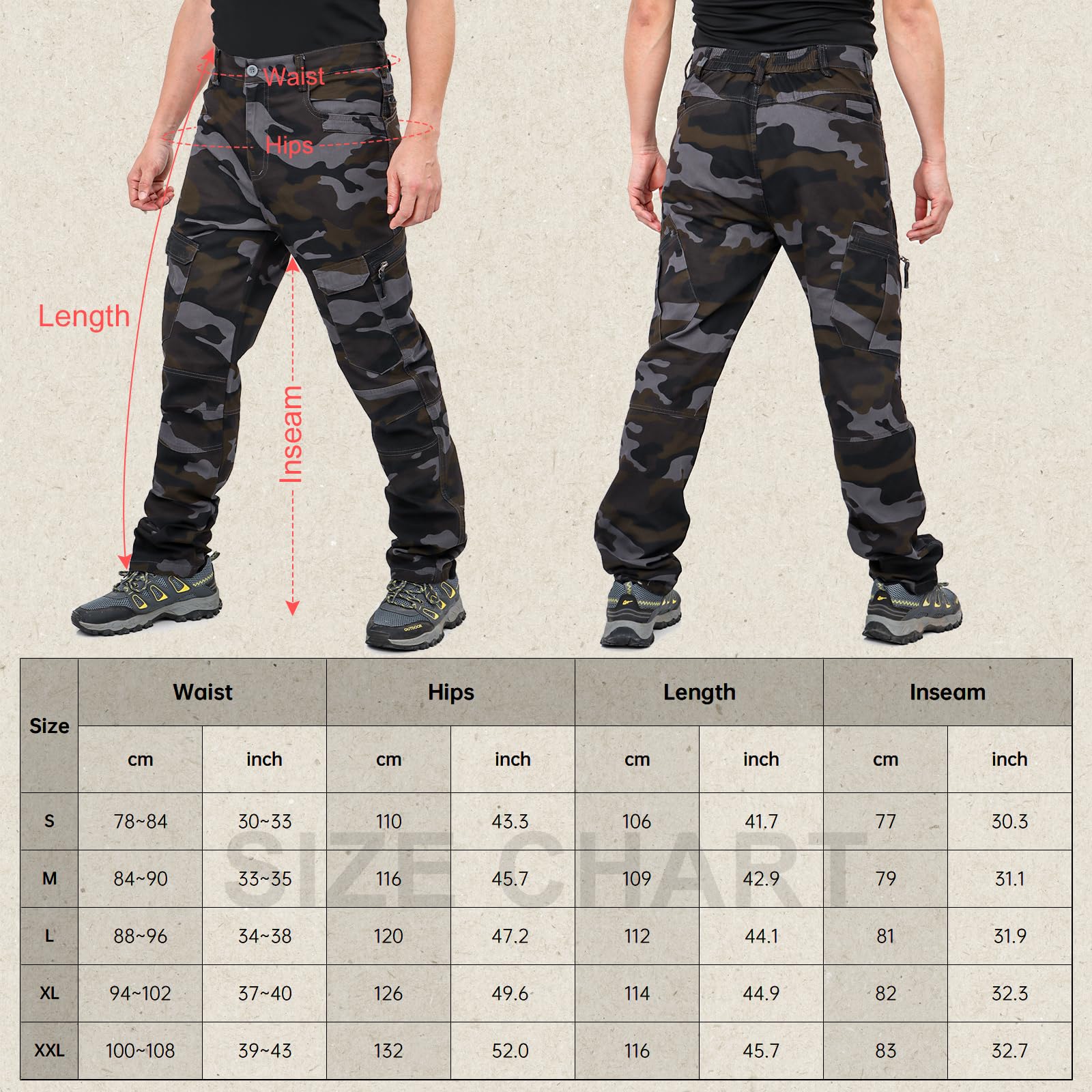 LY4U Pantaloni da Lavoro Cargo da Uomo, Pantaloni Casual da Esterno Mimetici in Cotone - Abbigliamento da Trekking da Campeggio con 10 Tasche