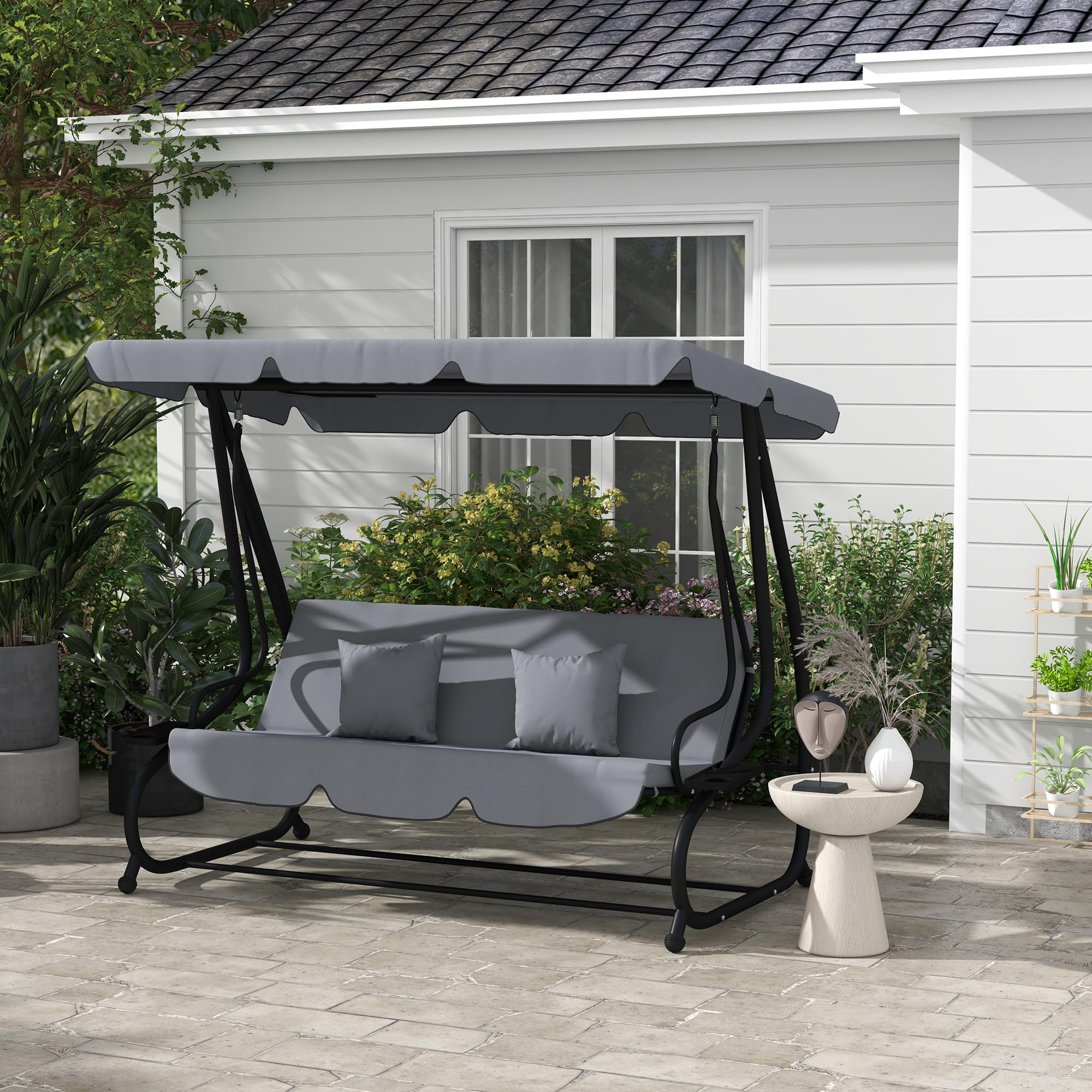 Outsunny 3 Asientos Convertible Jardín Columpio Techo Ajustable Inclinación 2 Estantes Soporte 2L x 1.2l x 1.64H m epoxi Metal Negro Poliéster Gris Oscuro