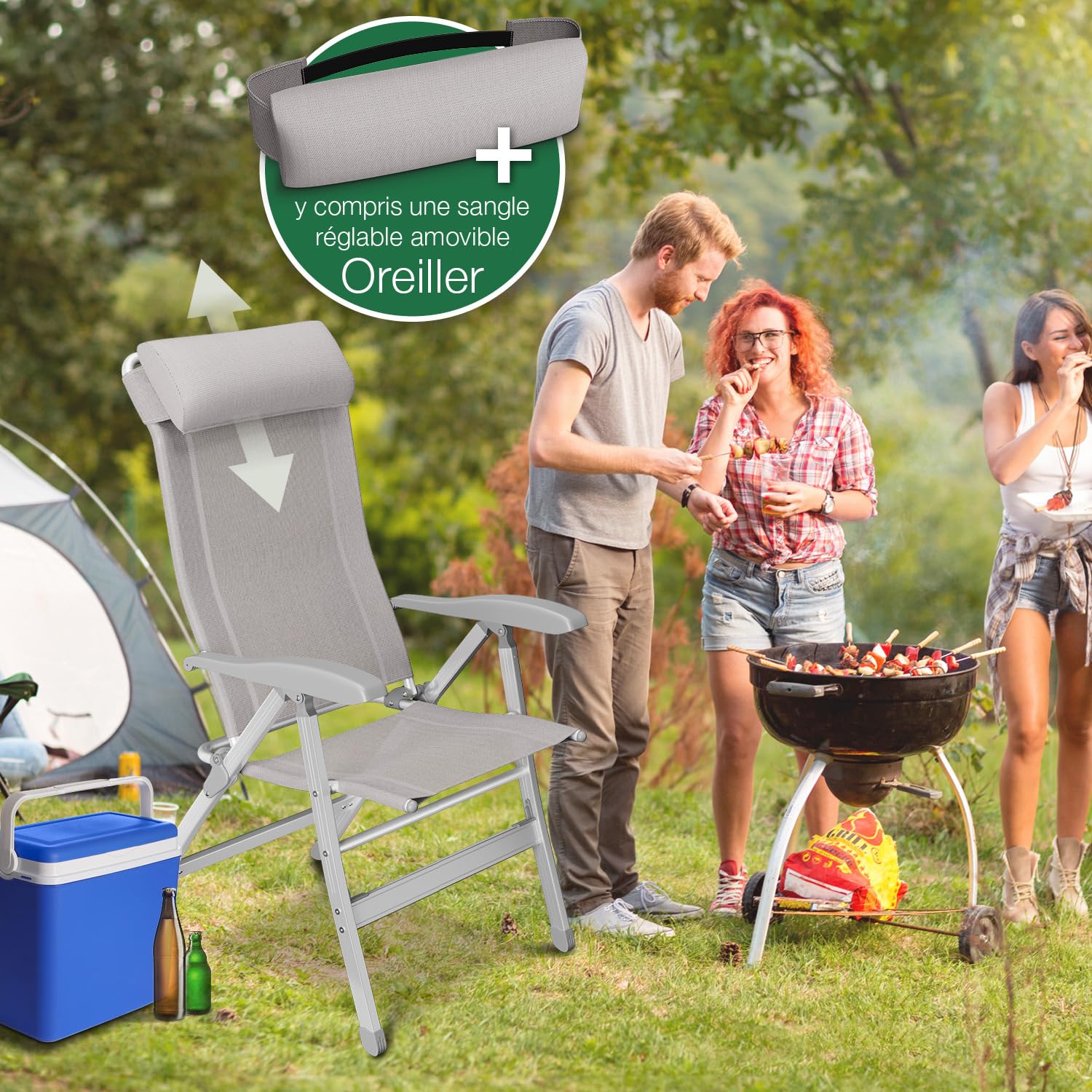 ELONEO Chaise de Camping Pliante avec Repose-Pieds Amovible - Chaise Longue Pliante Confortable en Aluminium avec Dossier Réglable pour Jardin et Balcon Taupe