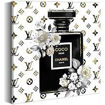 summer melody Black White Perfume Bottle Canvas Wall Art 24x24Inch | Modern Makeup Painting, Chic Girl Artwork, Fashion Bouquet Picture, Glam Floral Prints, Home Decor for Bedroom, Living Room