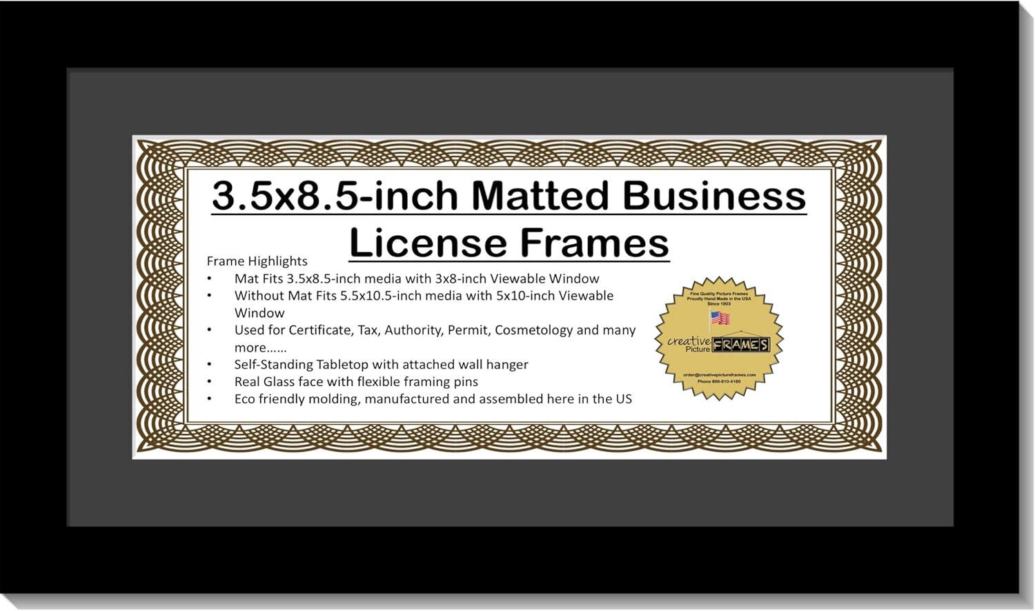 Creative Picture Frames 5.5X10.5Bk-B Business License Frame With Matting, Self Standing Easel And Wall Hanger (Pack of 4)