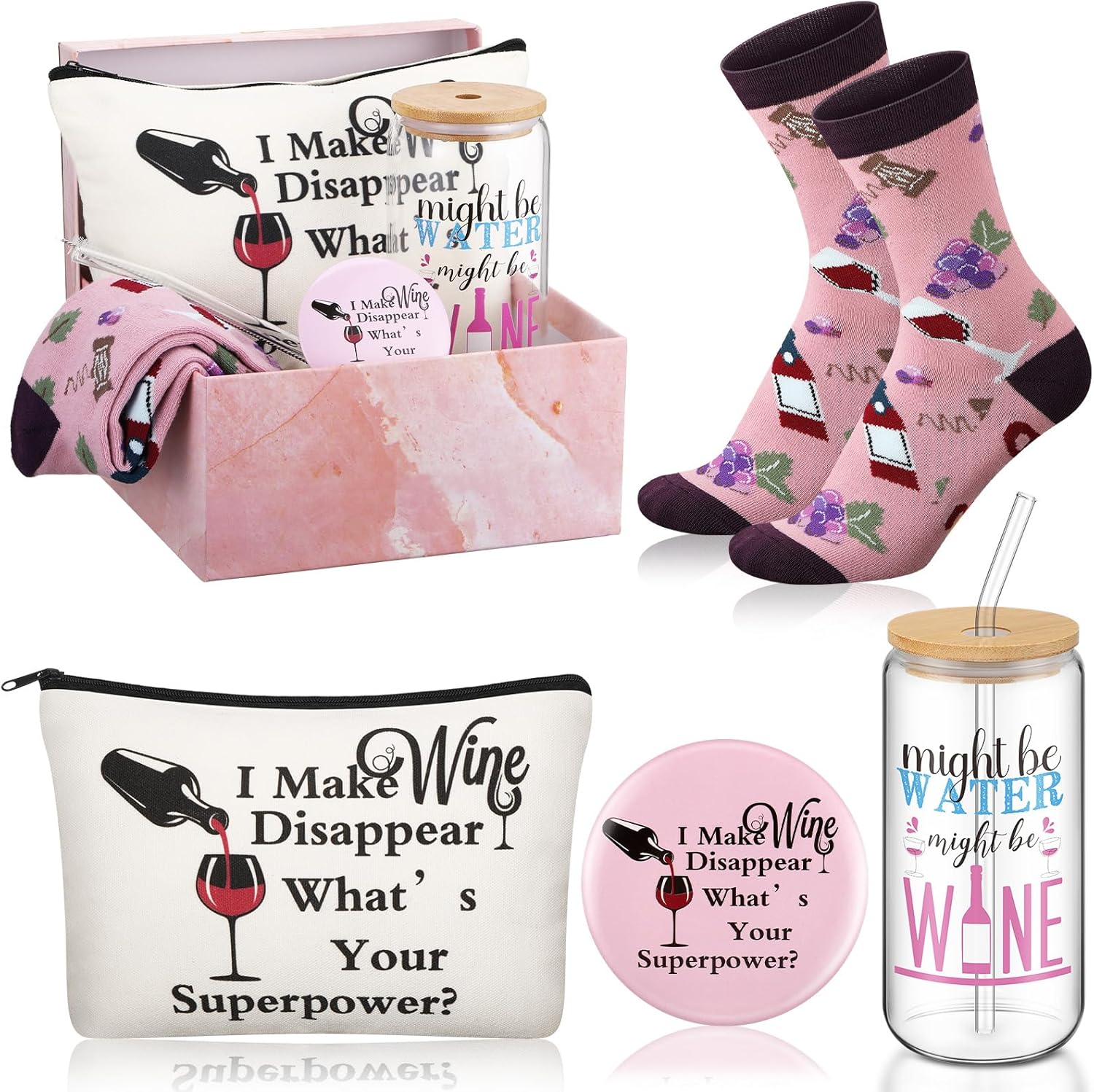 Kacctyen 5 Pcs Christmas Wine Gifts for Women Wine Gifts Baskets Birthday Present 16oz Glass Cup Tumbler with Lid Straw Makeup Cosmetic Bag Pocket Mirror Sock for Mom Sister Friend Stocking Stuffers