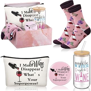 Kacctyen 5 Pcs Christmas Wine Gifts for Women Wine Gifts Baskets Birthday Present 16oz Glass Cup Tumbler with Lid Straw Makeup Cosmetic Bag Pocket Mirror Sock for Mom Sister Friend Stocking Stuffers