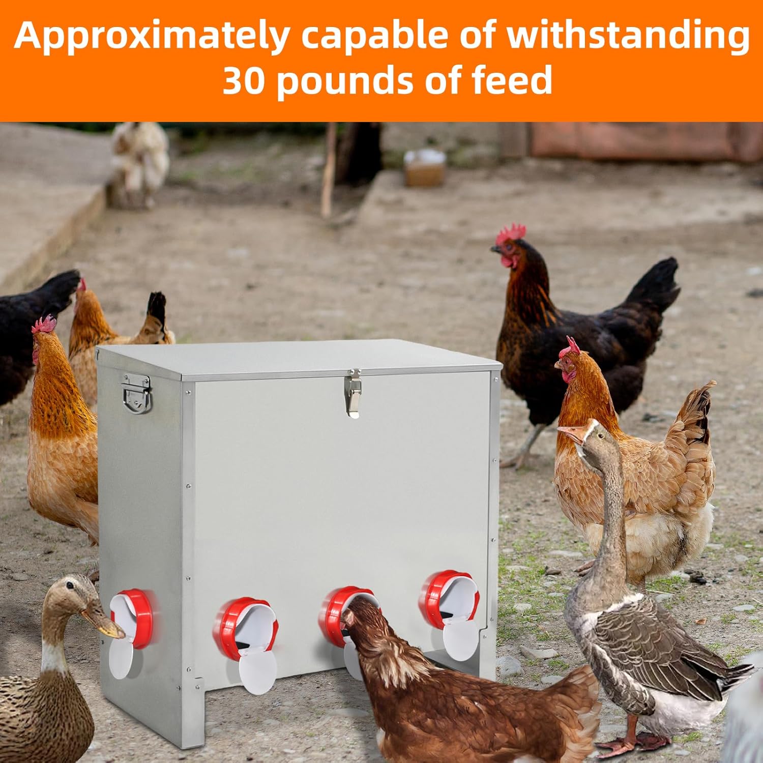 XKV Metal Automatic Chicken Feeder 90LBS with 8 Ports,No Feed Waste,All Seasons Support,Weather-Resistant and Animal-Proof,Suitable for Chicken,Geese,Ducks,Turkeys,Quails