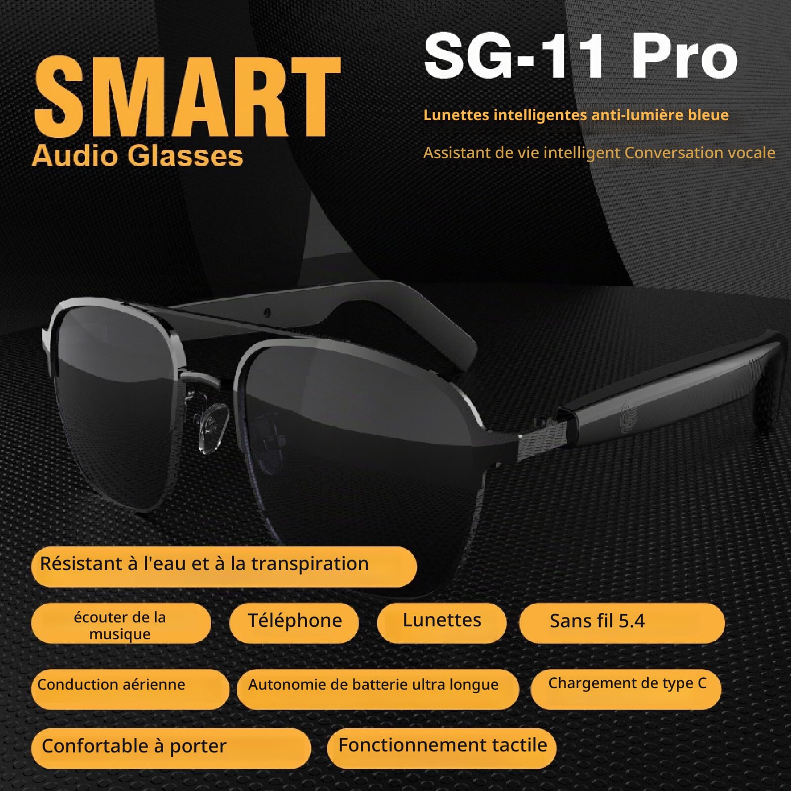 Lunettes de Soleil Audio sans Fil Intelligentes, 98% de Protection Contre Les UV et la Lumière Forte, IPX4 Waterproof, Haut-parleurs HD Stéréo pour la Musique/Les Appels/Les Jeux