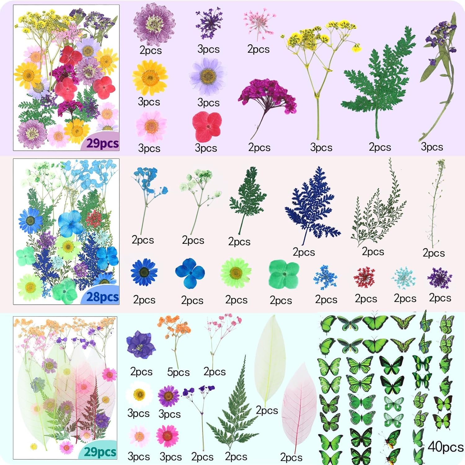 210 Pcs Dried Pressed Flowers for Resin, Dried Pressed Flowers for Crafts, Bulk Natural Dried Flowers Kit with DlY Butterfly Stickers&Tweezers for Resin Molds, Candles, Soap,Jewelry Making, Art Crafts - Image 2