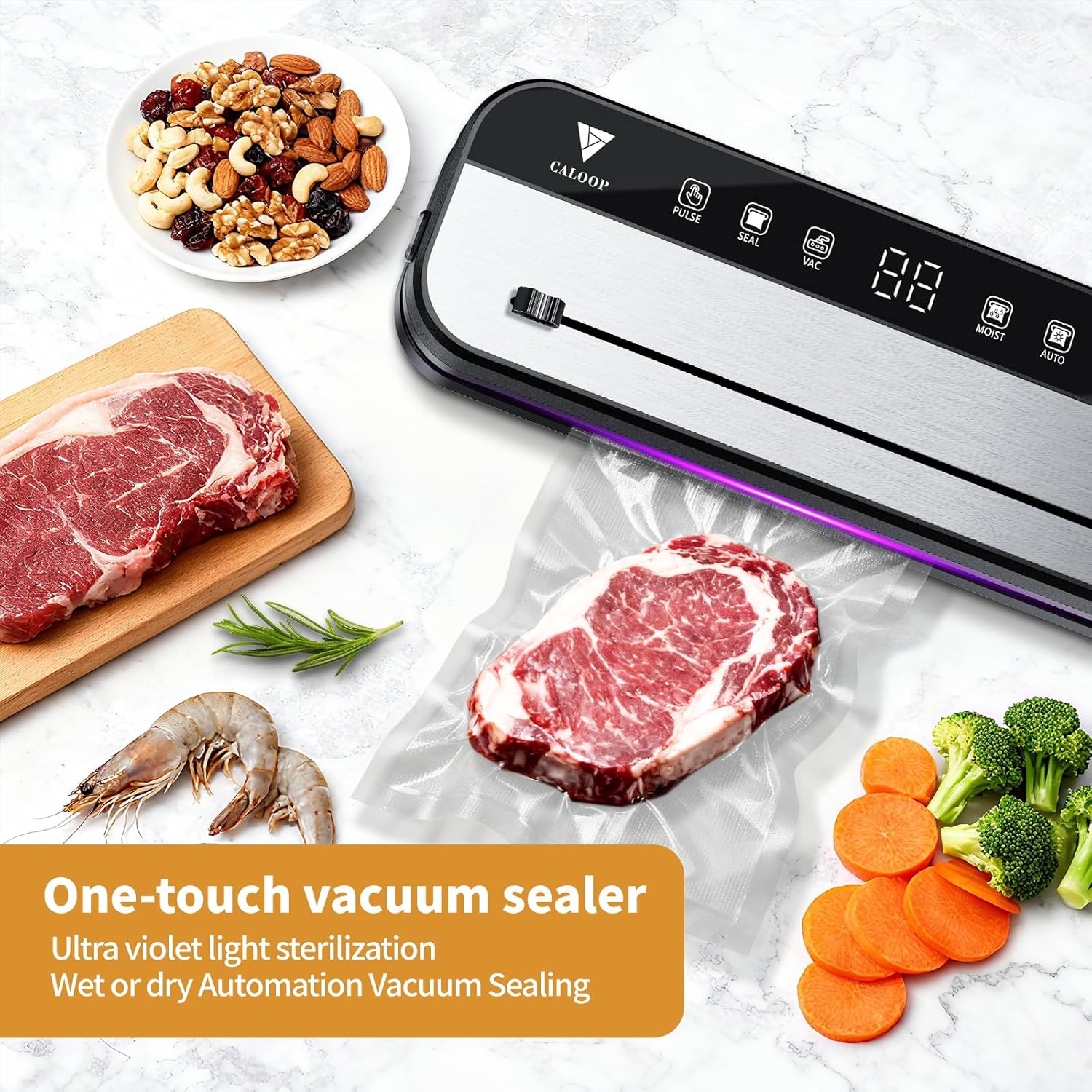 CALOOP Food Vacuum Sealer Machine with 20 Seal Bags, 80 Kpa Powerful Food Saver for Kitchen Storage, Dry/Moist Modes, Digital Countdown Timer, Compact Lightweight, Build-in Cutter - Image 3