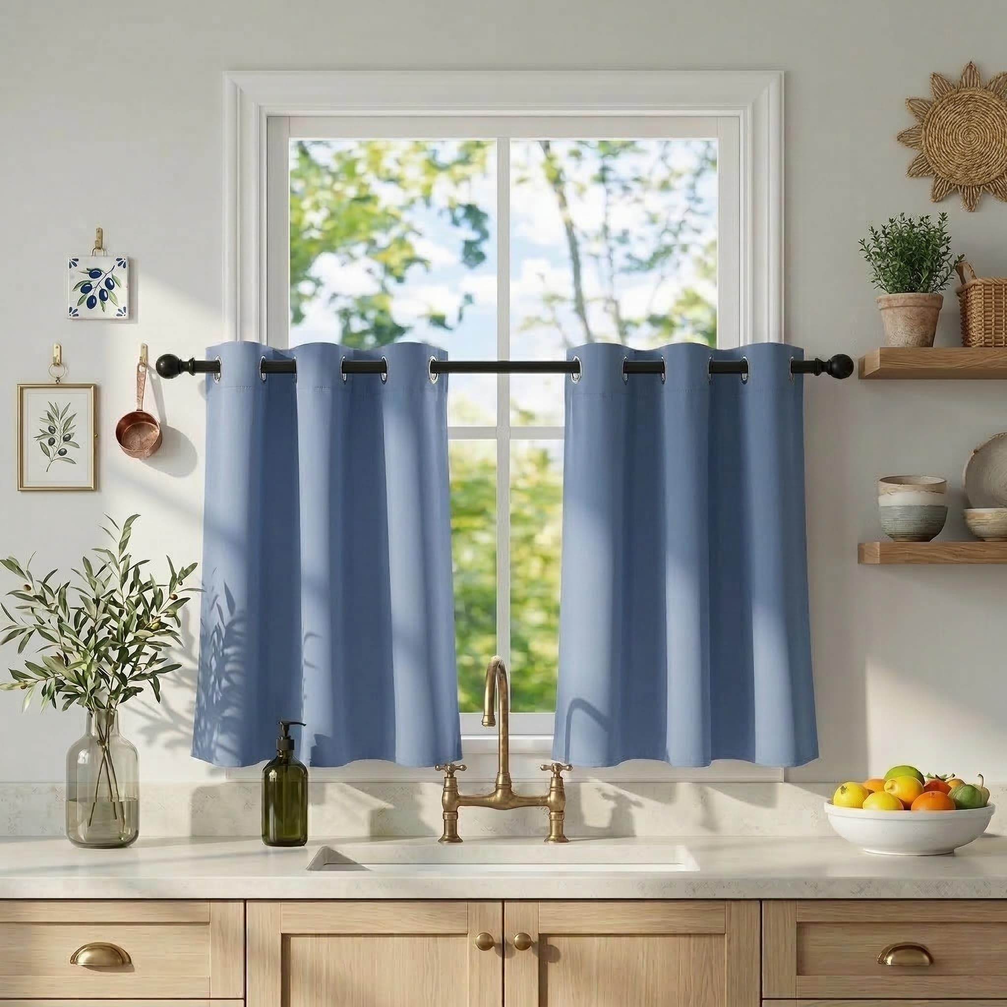 Photo 1 of RYB HOME Blackout Cafe Curtains - Stone Blue, 36 Inch Length (2 Panels)