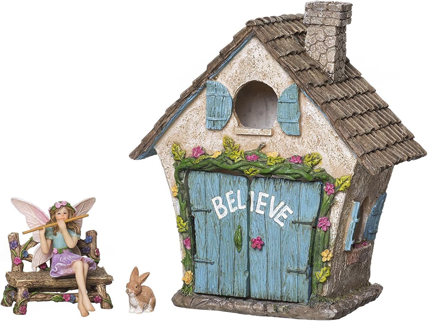 Joykick Fairy Garden House Kit - Hand Painted with Opening Doors and Miniature Fairy Figurine with Accessories - Indoor Outdoor Set of 4 pcs for Home or Lawn Decor