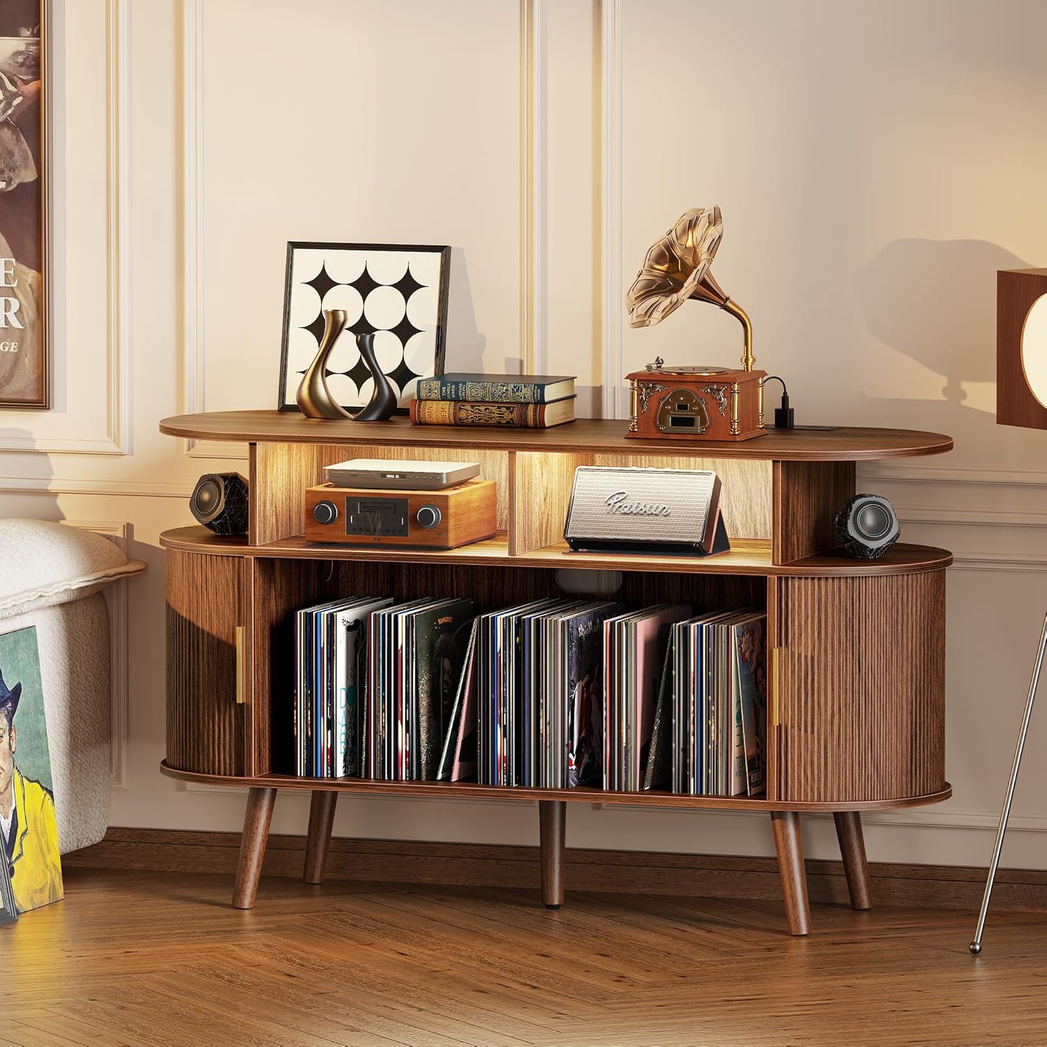 PRAISUN 47.2 Inch Large Record Player Stand with Power Outlets & 3-Color Lights, Vinyl Record Stand with 2 Fluted Cabinets, USB-C Port, Mid Century Modern Player Stand, Open Storage, Walnut