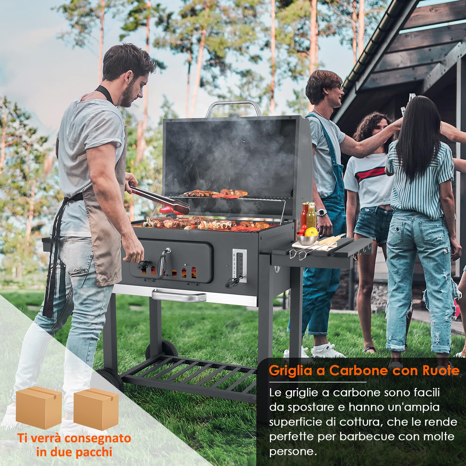 TLSUNNY Barbecue Carbonella, XXL Griglia per Barbecue con Coperchio, 2PCS Ruote, Camino, BBQ Carbonella in Giardino e all'aperto, Grande Capacità, Grigio, 152x136x60 cm, per 6-10 Persone