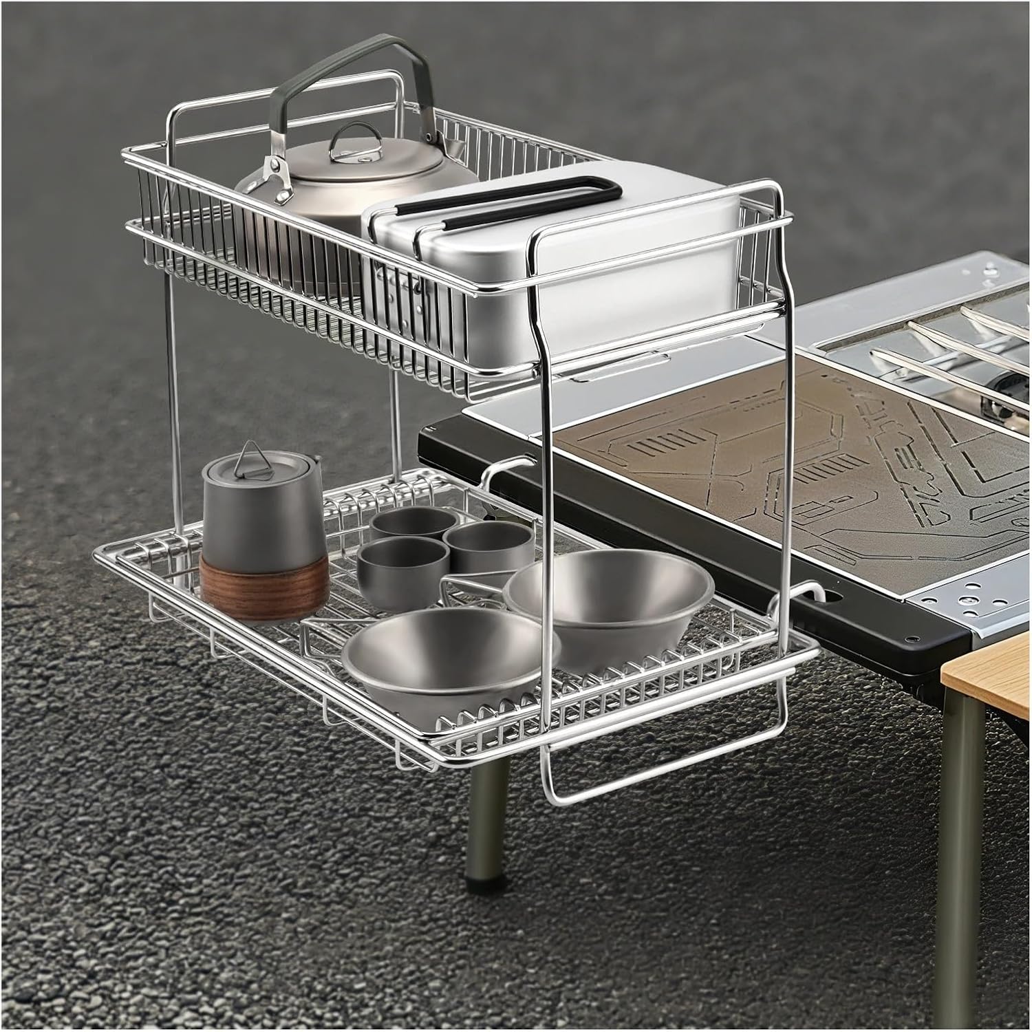 Compatible for Outdoor IGT Double Layer Storage Rack Table Desktop Side Expansion Camping Drain Basket Folding Tableside Hanger