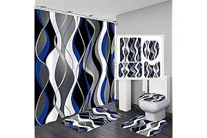 Blue and Black Striped Bathroom Shower Sets with Rugs by Nkply