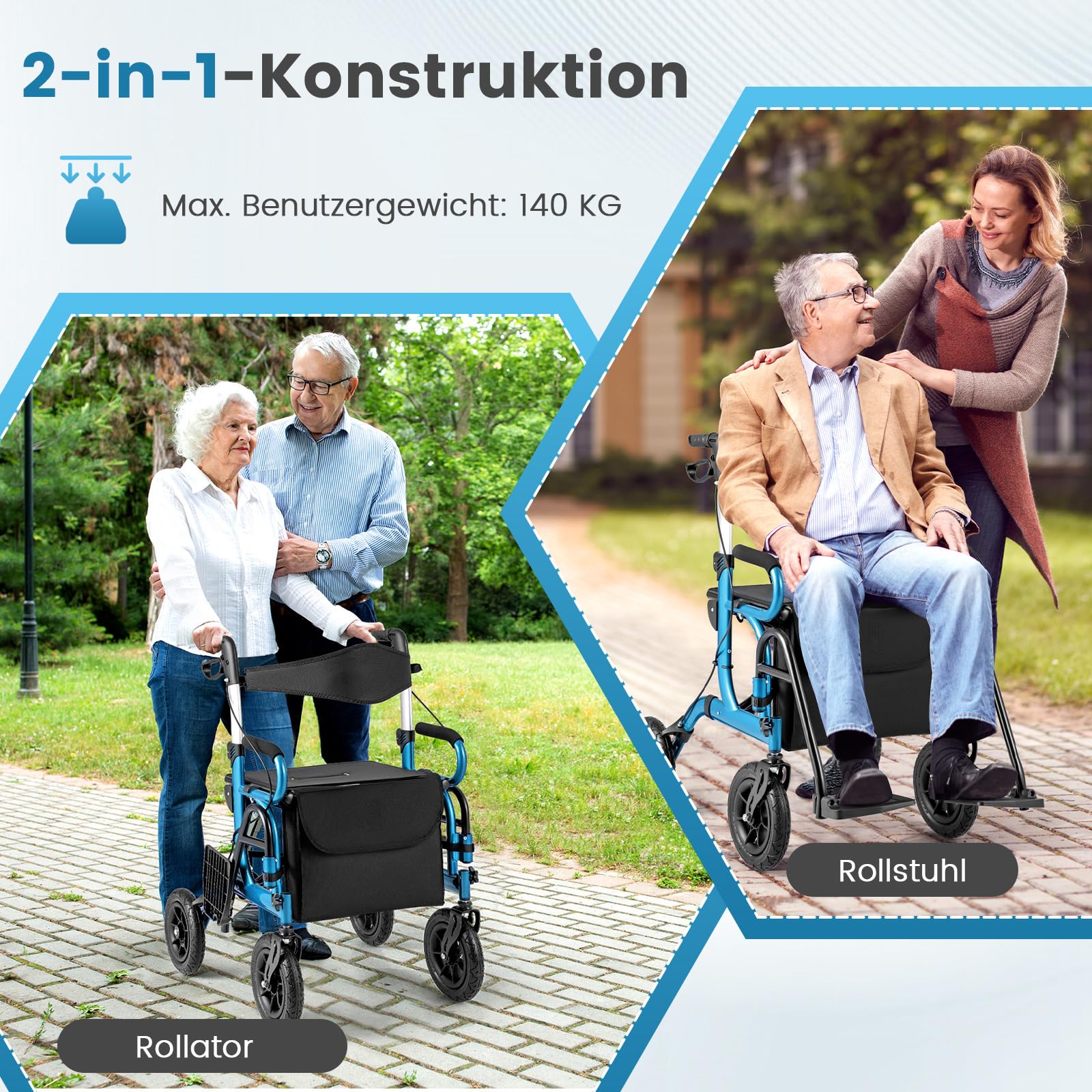 COSTWAY Rollator z oponami pneumatycznymi, składany i lekki z siedziskiem, wózek inwalidzki i solator podróżny 2 w 1, aluminium, do 140 kg, pomoc w chodzeniu z 6-stopniową regulacją wysokości, wózek z
