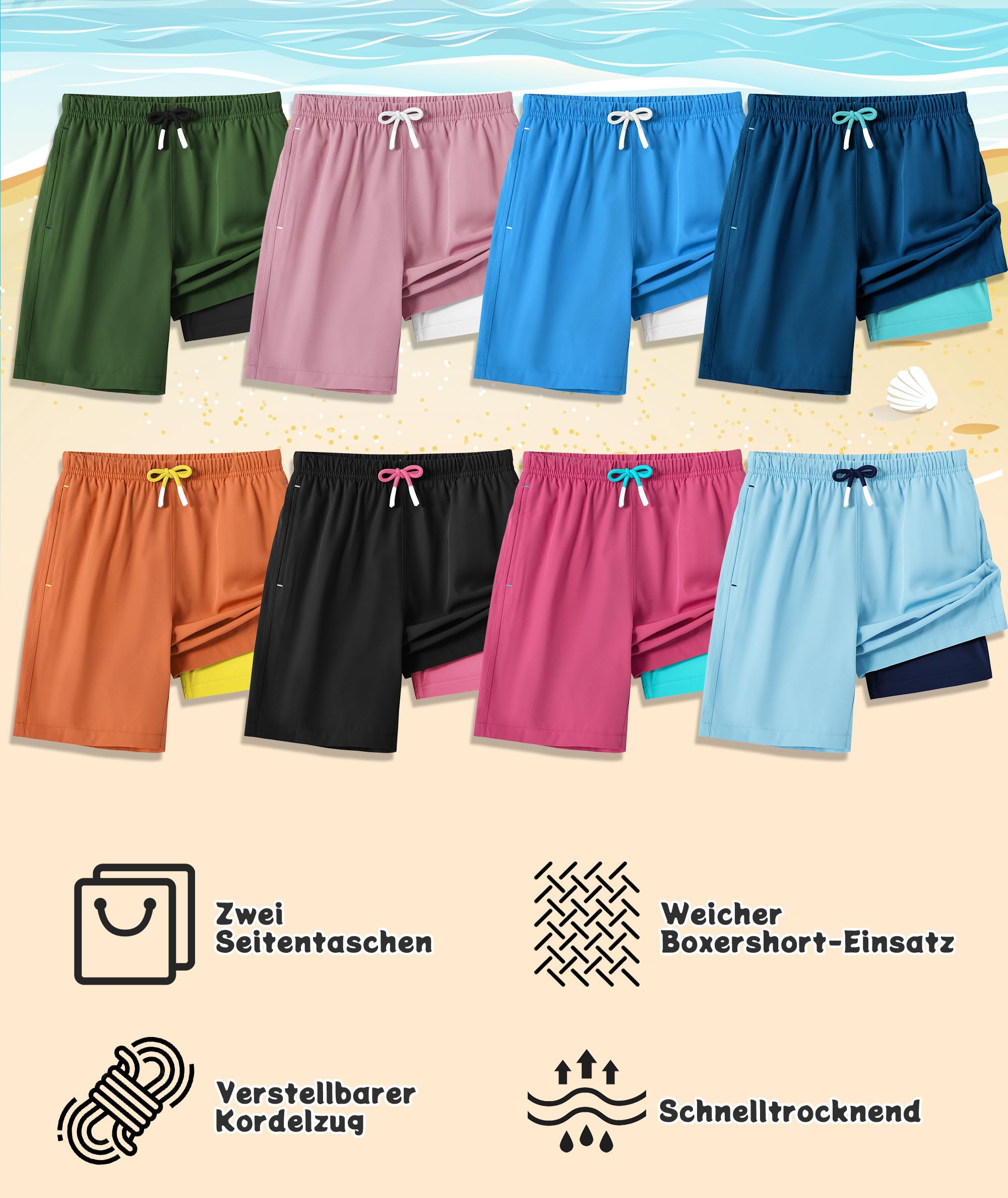 Zoofly Maillot de Bain Short pour Garçons avec sous-Short Compressif, Séchage Rapide, Respirant, Taille Élastique et Poches - 4 à 16 Ans