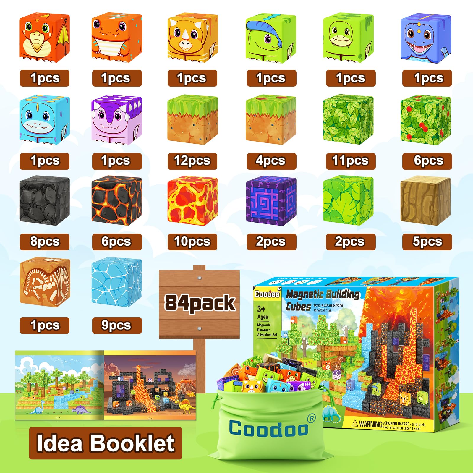 Bloques magnéticos de juguetes de dinosaurio, juego de aventuras de dinosaurios con imán de minas, bloques de construcción magnéticos para niños y niñas de 3 años en adelante, escenas jurásicas 7
