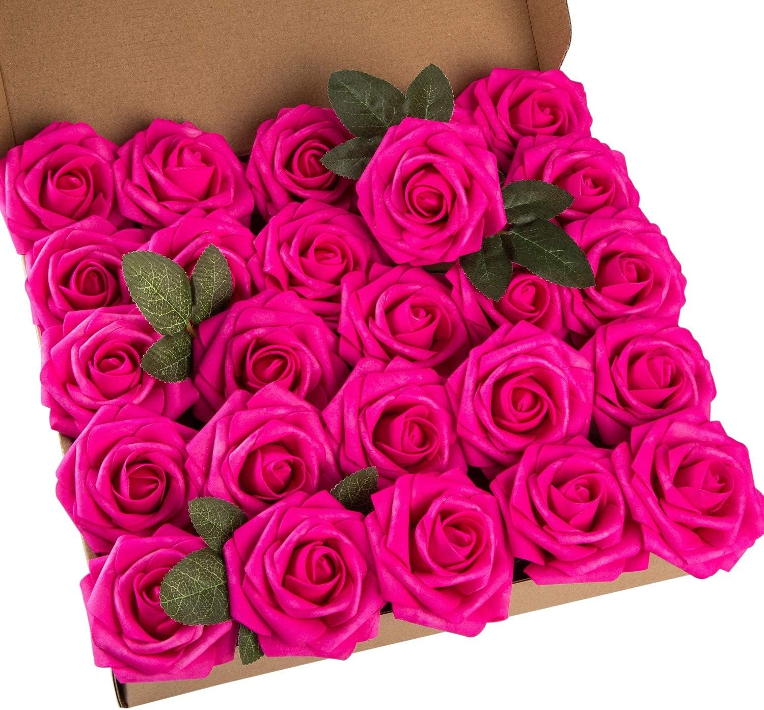 25pcs Artificial Flower Foam Rose Real Touch Roses Flower Heads with Stem for DIY Wedding Bouquets Centerpieces Arrangements Party Baby Shower Home Decor (Hot Pink)