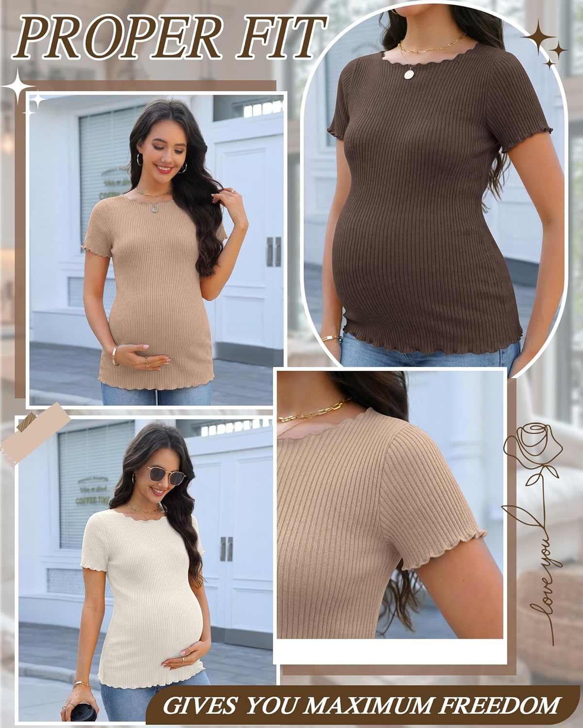 3 Pack Women's Maternity Ribbed Shirts Cotton Short Sleeve Pregnancy Tops Boat Neck Lettuce Trim Mama Clothes - Image 6