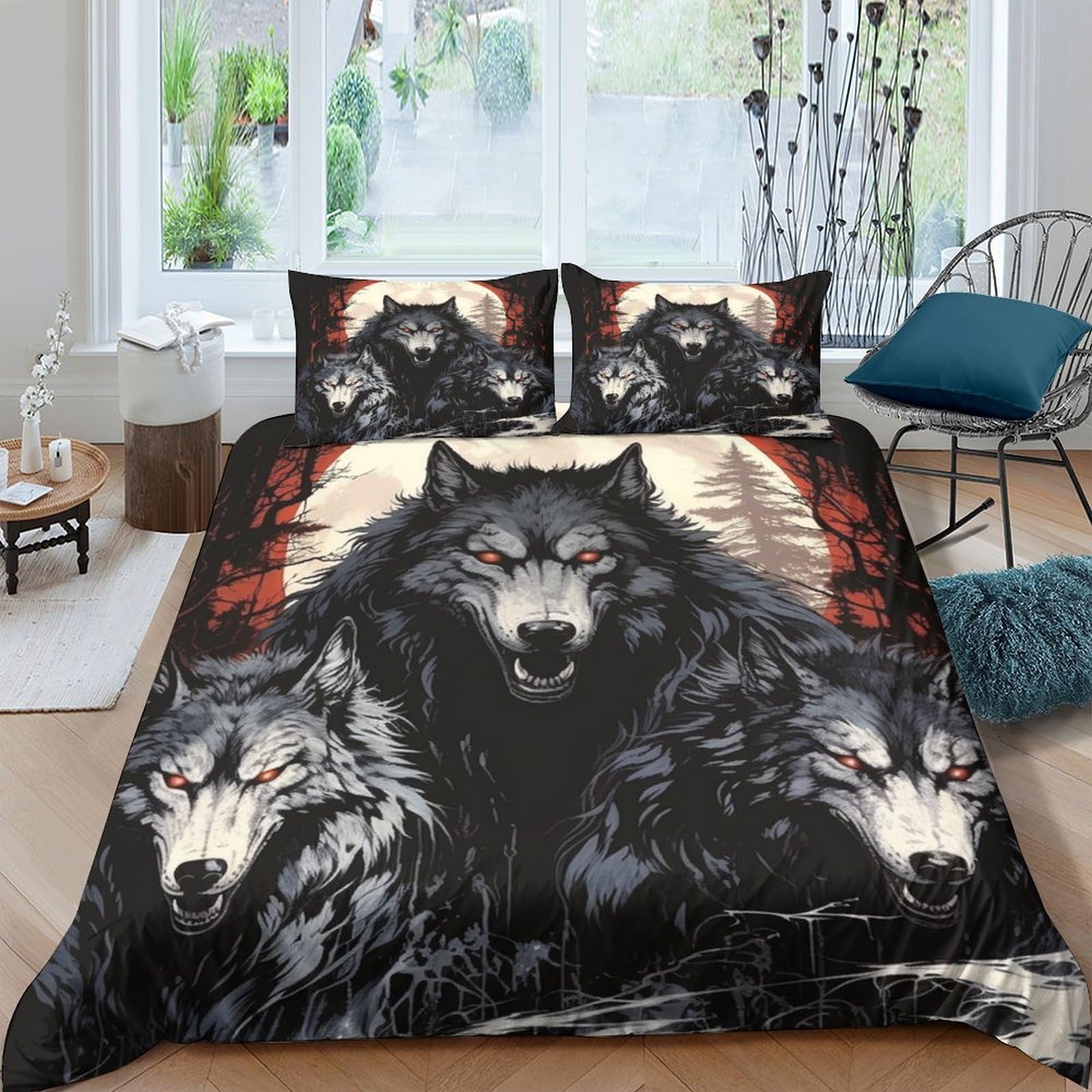 Housse de couette loup anti-plis et facile à border avec fermeture éclair 200x200