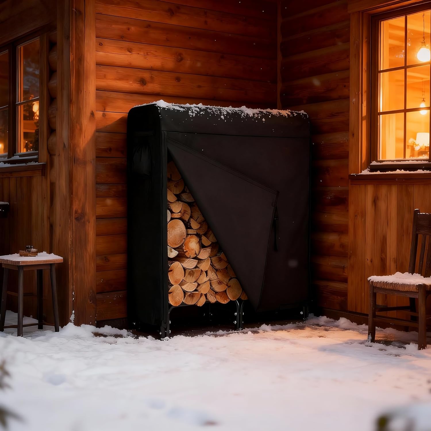 4 FT Firewood Rack Outdoor with Cover, Wood Racks Outdoor for Firewood, Outdoor Firewood Rack w/600d Fabric Waterproof Cover, 350 LBS Weight Capacity (Black)