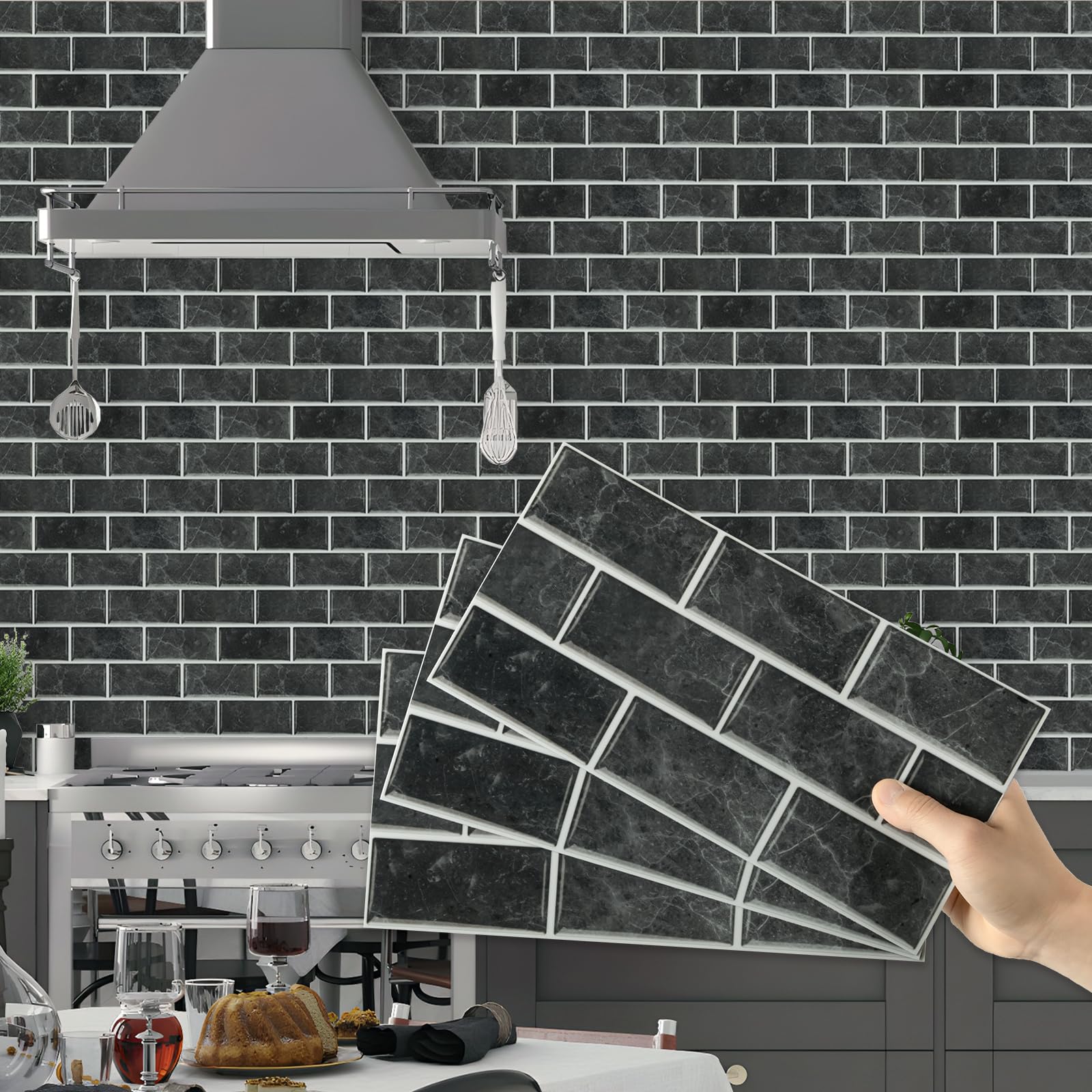 Hode Kitchen Bathroom Tile Stickers Stick on Tiles, Peel and Stick Self Adhesive Wall Tiles, Waterproof 12pcs Black 15x30cm