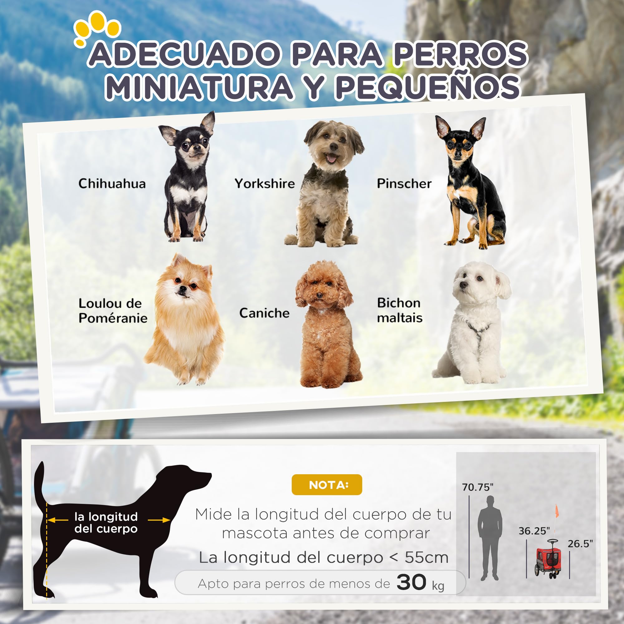 PawHut Remolque de Bicicleta para Perros 2 en 1 Carrito para Perros de Acero con Cinturón de Seguridad Mango de Empuje Extraíble Bandera y Reflectores Carga Máx. 30 kg 129x55,5x92 cm