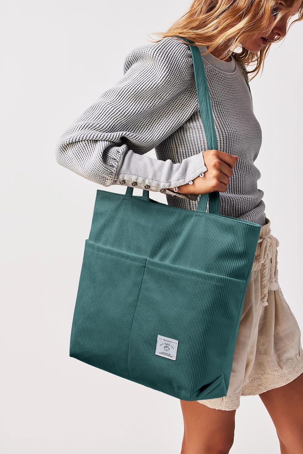 KALIDI Women Corduroy Tote Bag Zipper Casual Tote's Handbag Big Capacity Shoulder Bag with Pockets - Image 3