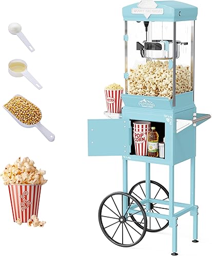 HUGROVE Máquina de palomitas de maíz de 10 onzas con carrito, máquina de palomitas vintage de 480 W para el hogar y el comercio, hervidor de acero