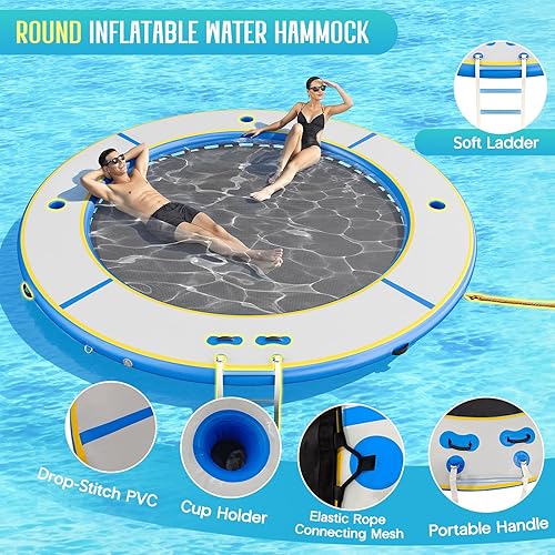 Miniatura 3 de SPECRAFT Hamaca inflable de agua de 12 pies, muelle flotante redondo con balsa inflable de malla, plataforma de anillo flotante con soporte para