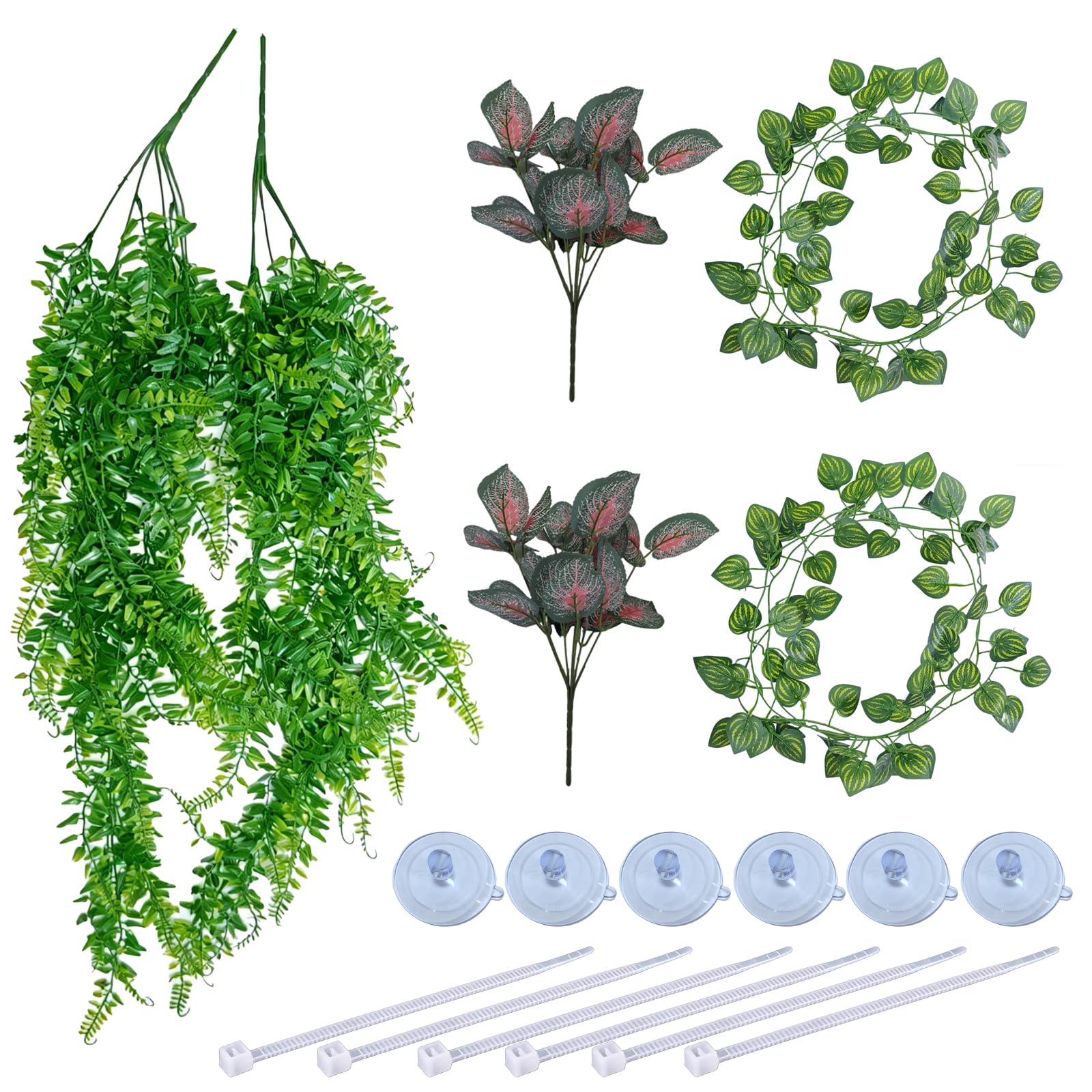 LANCARE Reptilefa 6 PCS Reptile Hanging Plants, Artificial Leaves Reptile Habitat Décor with Bendable Vines & Suction Cups, Safe Hanging Fake Plants for Chameleon, Gecko, Lizard, Turtle Tank (Green)