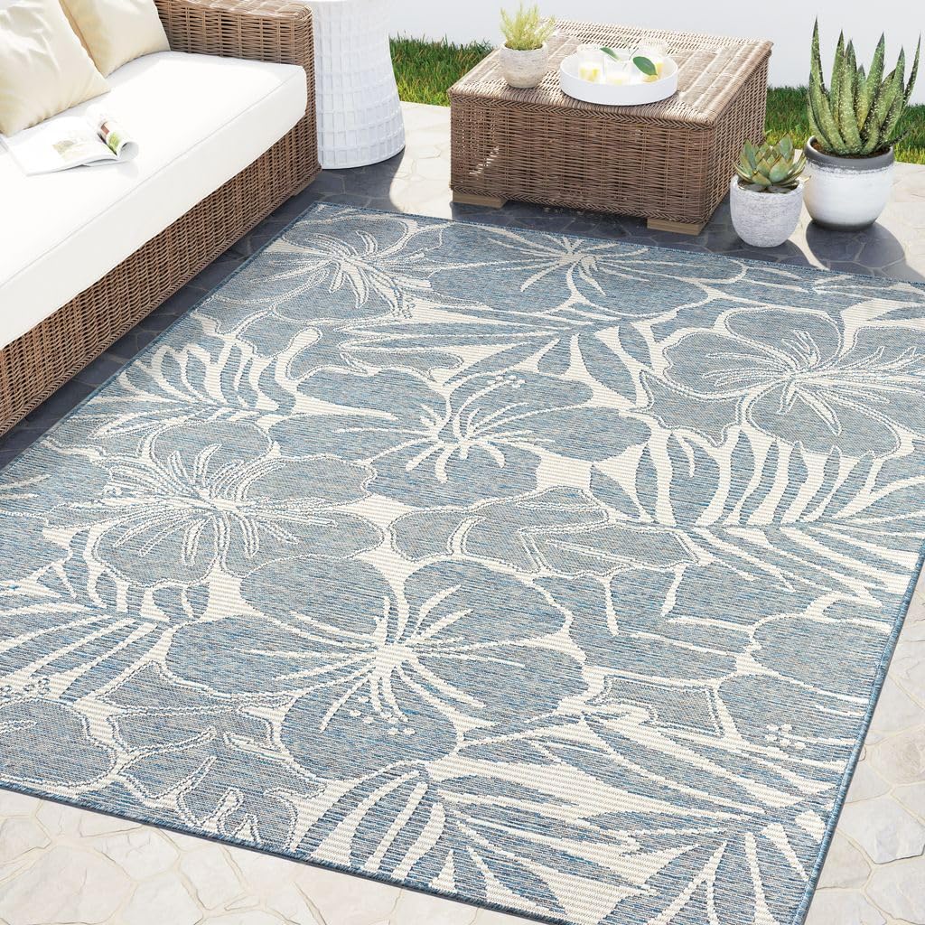 Abani Blue Area Rug – Ocean Collection – 8' x 10' Tropical Flower – Indoor & Outdoor Use – UV Protected, Fade-Resistant, Easy to Clean – Durable for