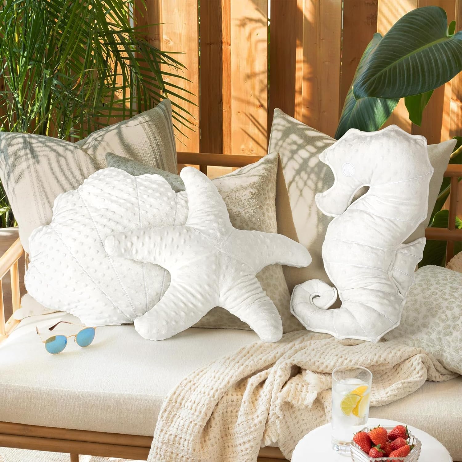 AELS Coastal Throw Pillows Set of 3, Starfish Shell Seahorse Pillows, Beach Ocean Nautical Themed Smooth Soft Minky Decorative Throw Pillows, Cute Pillow for Couch Sofa Bed Living Room Bedroom, White