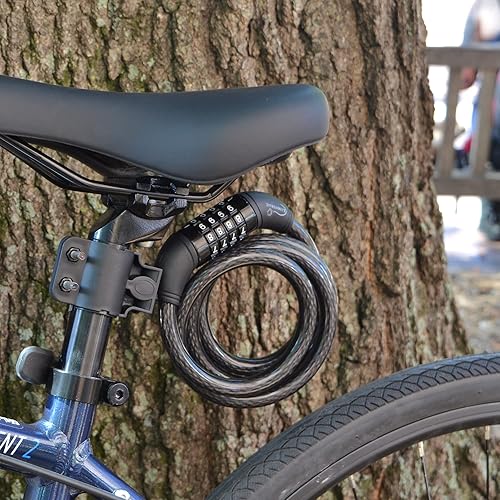 Miniatura 6 de Lumintrail Cable antirrobo de bloqueo de bicicleta de 6 pies, cerradura de combinación con soporte de montaje (1 paquete, azul)