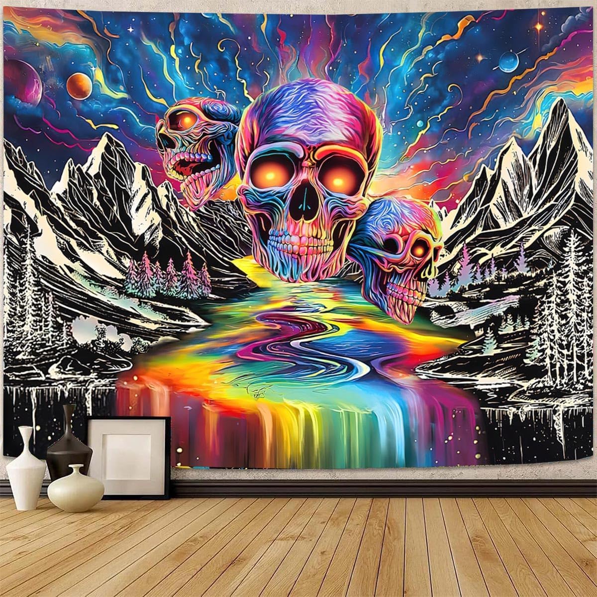 AACKart Blacklight Skull Wall Tapestry, UV Reactive Tapestry, 80x60 Inches image 3