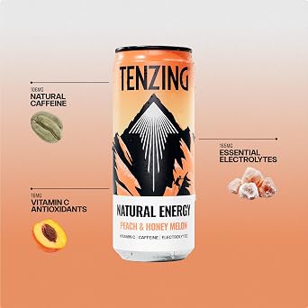 TENZING Natural Energy Drink, Plant Based, Vegan, Gluten Free Drink, Peach & Honey Melon, 330ml (Pack of 12) - Packaging may vary