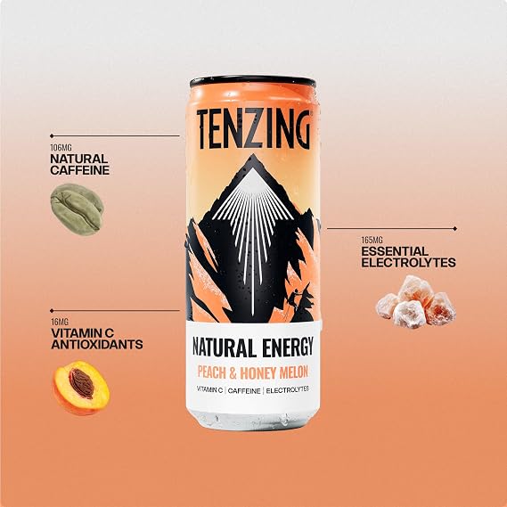TENZING Natural Energy Drink, Plant Based, Vegan, Gluten Free Drink, Peach & Honey Melon, 330ml (Pack of 12) - Packaging may vary