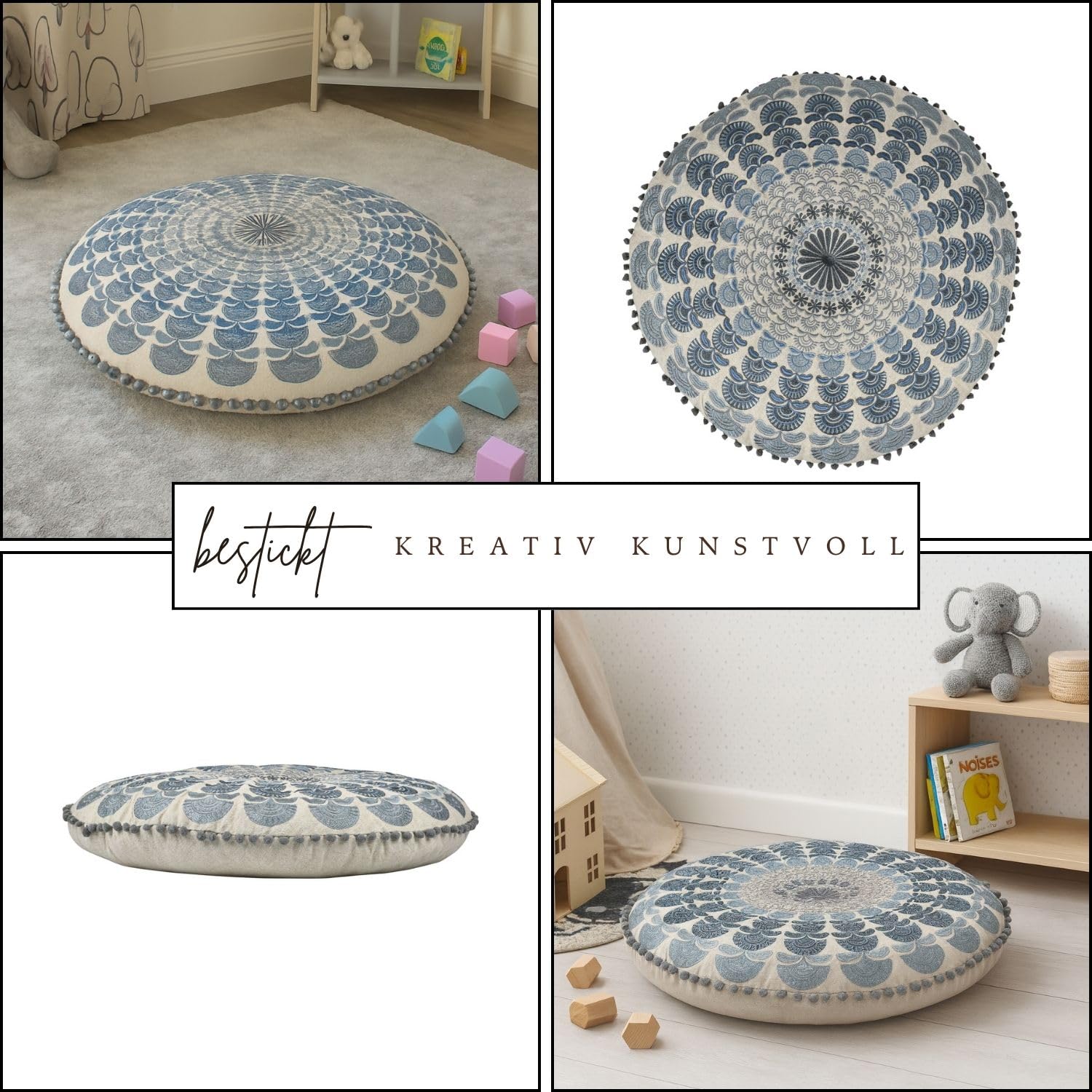 Marrakesch dekoracyjna poduszka na podłogę w stylu boho, okrągła, 60 x 15 cm, z wypełnieniem, poduszka do medytacji, z bawełny, haftowana z motywem mandali, poduszka do jogi w stylu boho do salonu