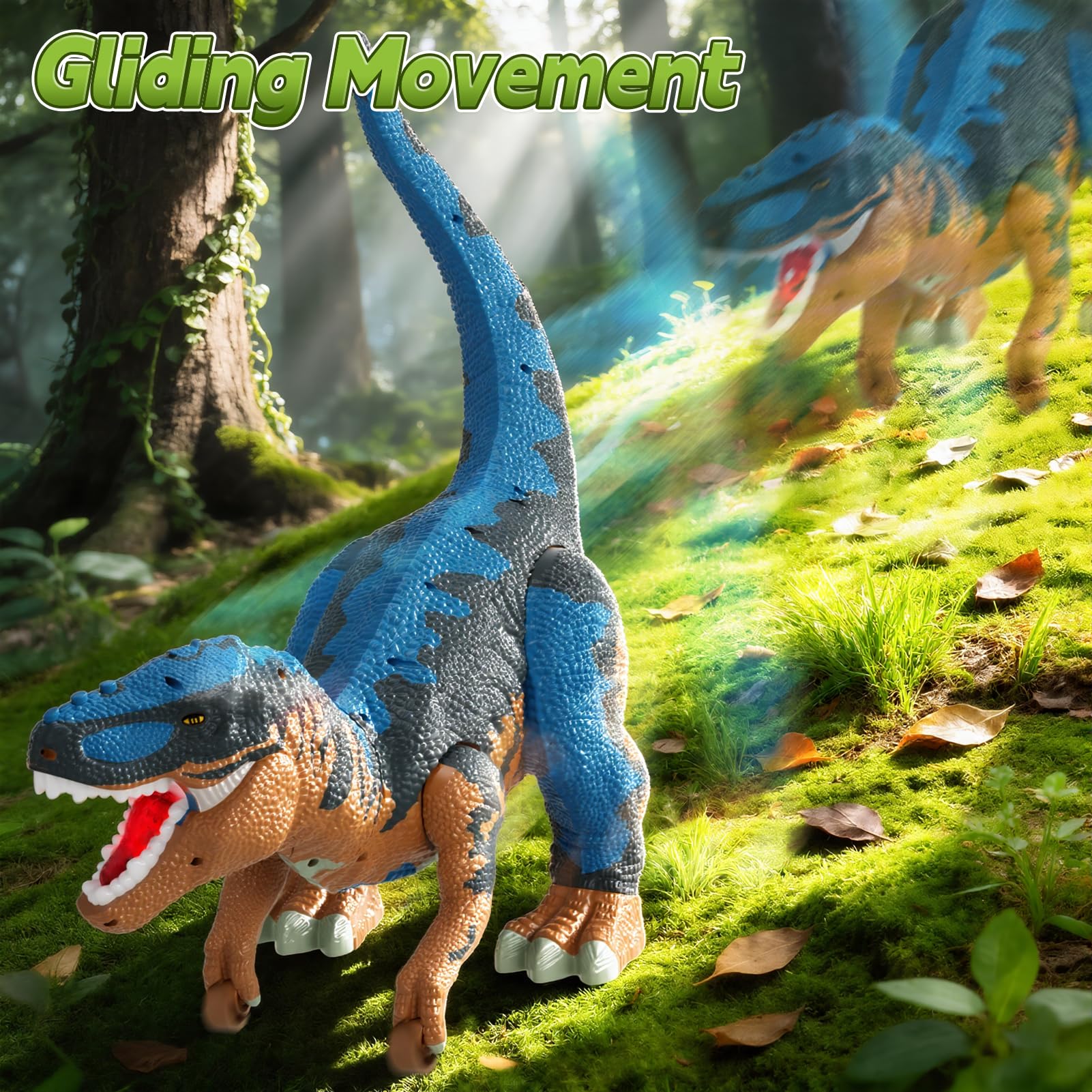 Figura de Dinosaurio de 24 Pulgadas con Ruedas Móviles, Rugido y Spray de Neblina – Cabeza y Cola Extraíbles, Contiene 10 Mini Dinosaurios – Juego Interactivo para Niños (Azul