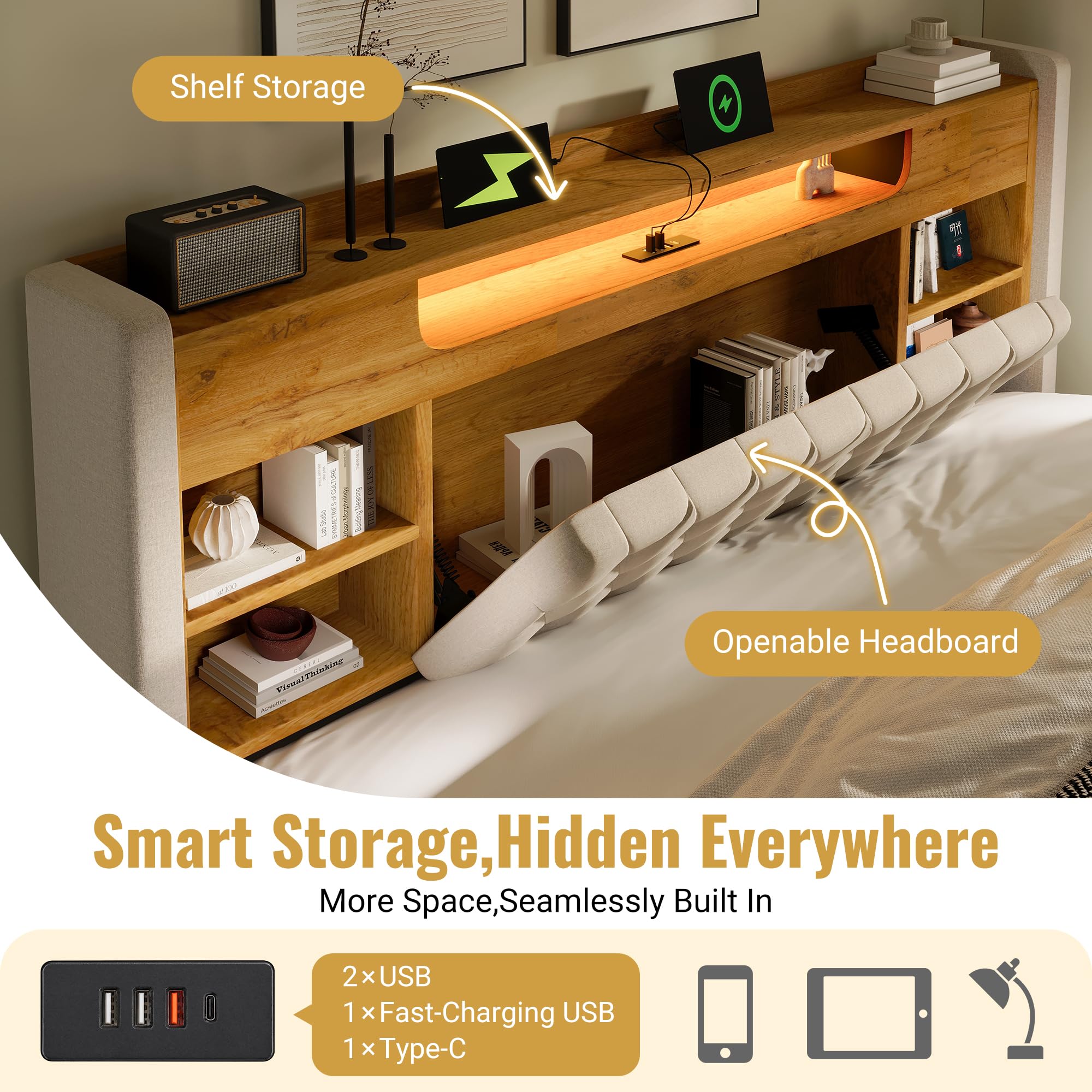 Łóżko tapicerowane 90 x 200 cm, rama łóżka z funkcją ładowania USB/Type-C i oświetleniem LED, hydrauliczna skrzynia na pościel, zagłówek z regałem i miejscem do przechowywania, lniany beż