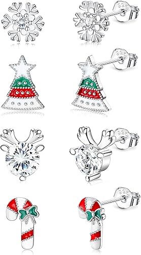 HOOHWE Kerst Sieraden Voor Vrouwen 925 Sterling Zilver Sneeuwvlok/Sneeuwman/Kerstboom Oorbellen Kerst Sneeuwpop Hanger Kettingen Winter Vakantie Xmas Sieraden Geschenken, Sterling zilver
