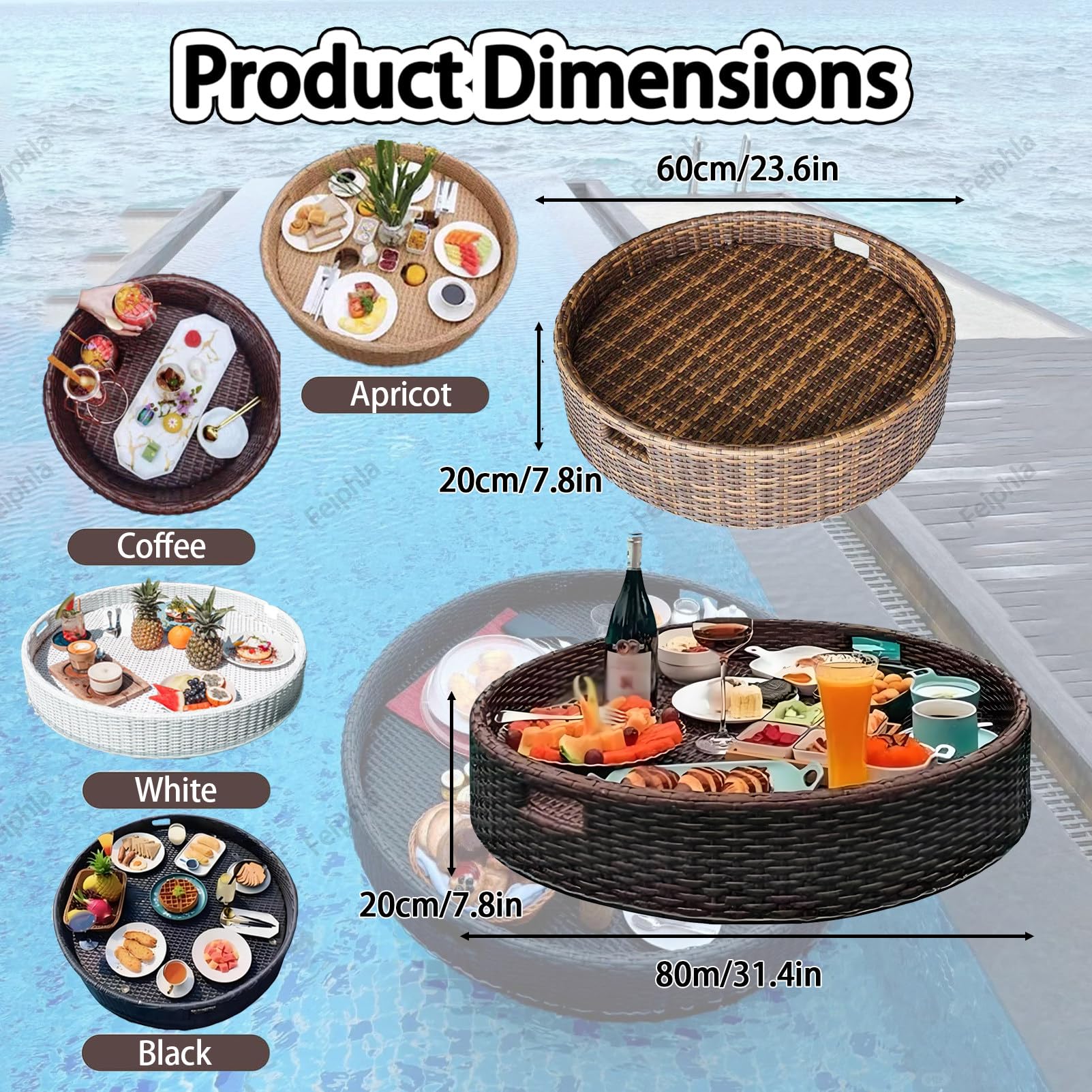 Bandeja flotante, bandeja impermeable y duradera con asas para piscinas y jacuzzis, perfecta para desayunos y fiestas en la playa, diseño redondo de 60 cm